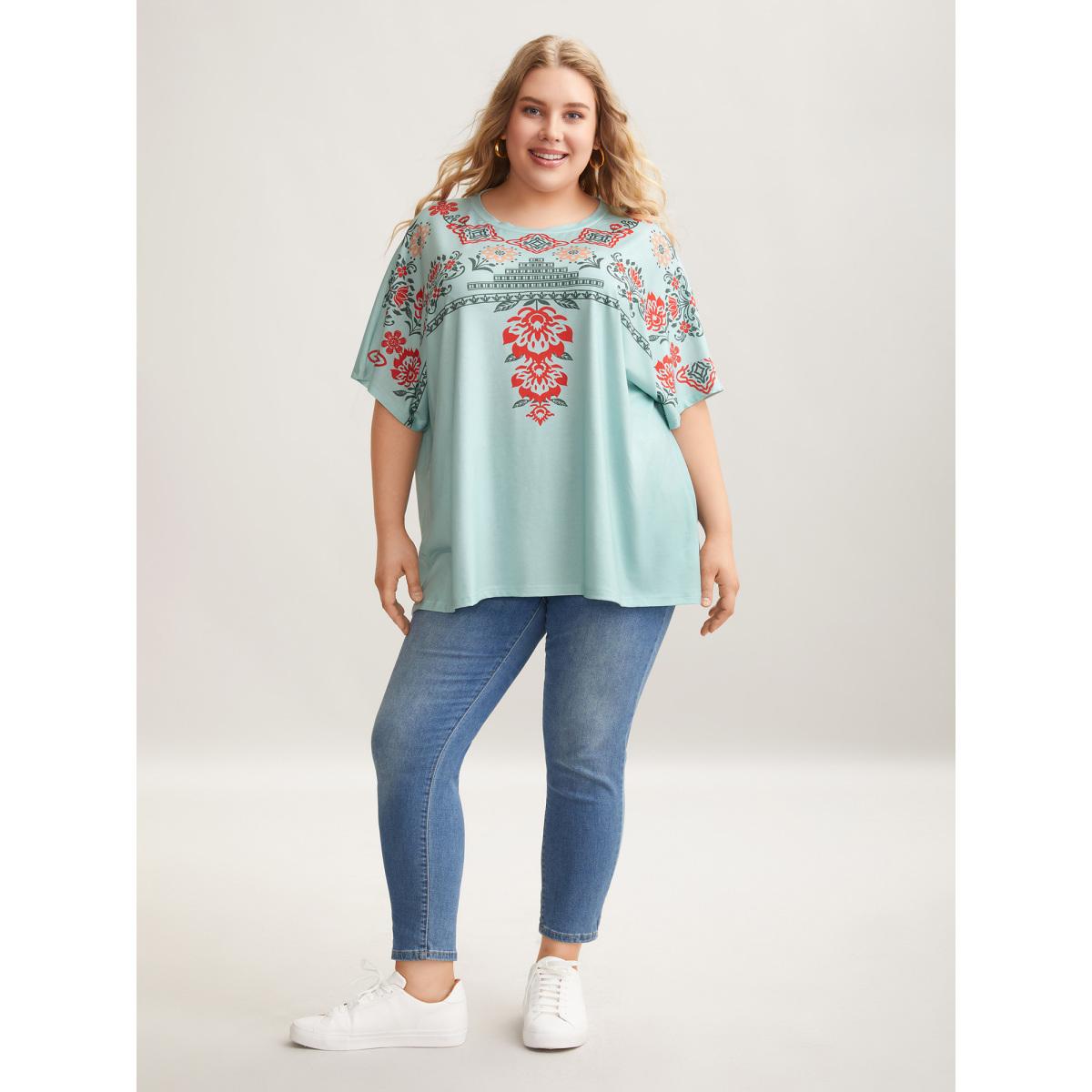 Plus Size Boho Print Stretchy Half Sleeve T-Shirt Greenbean Women Casual Non Round Neck Everyday T-shirts BloomChic 18-20/2X Product Image