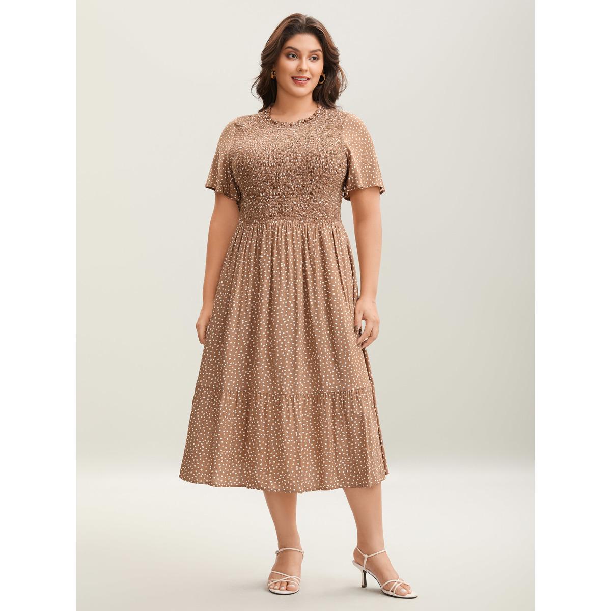 Plus Size Shirred Polka Dots Pockets Midi Dress Tan Women Round Neck Short sleeve Curvy BloomChic 18-20/2X Product Image