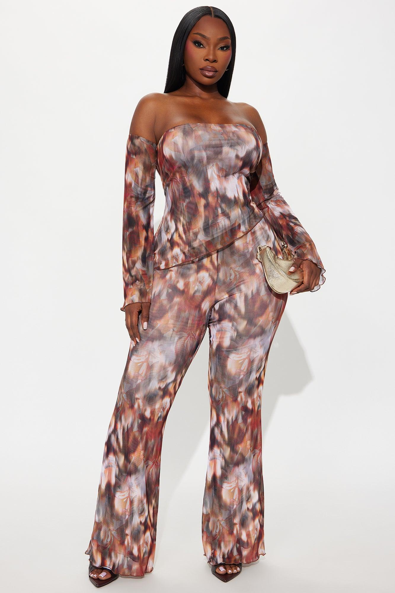 Miranda Mesh Asymmetrical Pant Set - Brown/combo Female Product Image