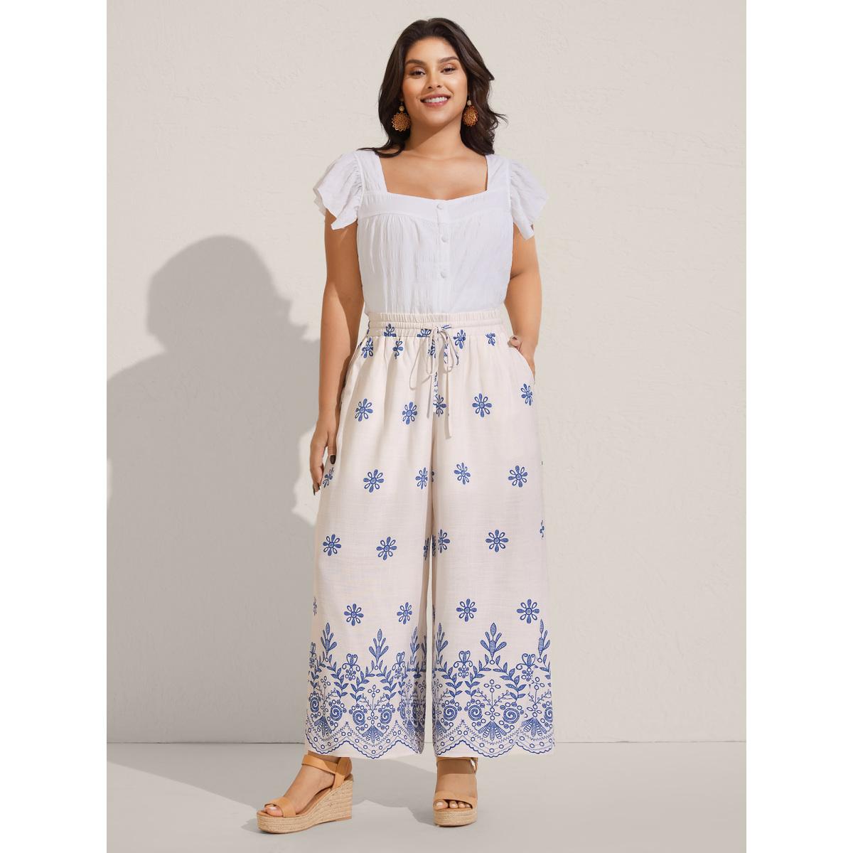 Plus Size Floral Print Wide-Leg Pants Women WhiteSmoke Resort Wide Leg Mid Rise Vacation Pants BloomChic 18-20/2X Product Image