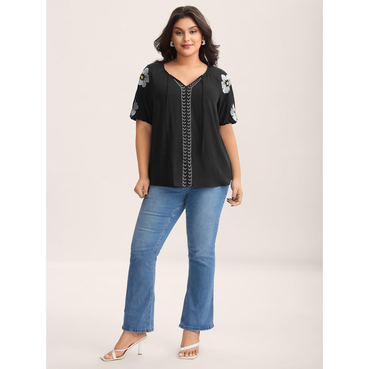 Plus Size Black Floral Embroidery Textured Neck Tie Blouse Women Boho Half Sleeve Flat collar with V-notch Vacation Blouses BloomChic 30/6X Product Image