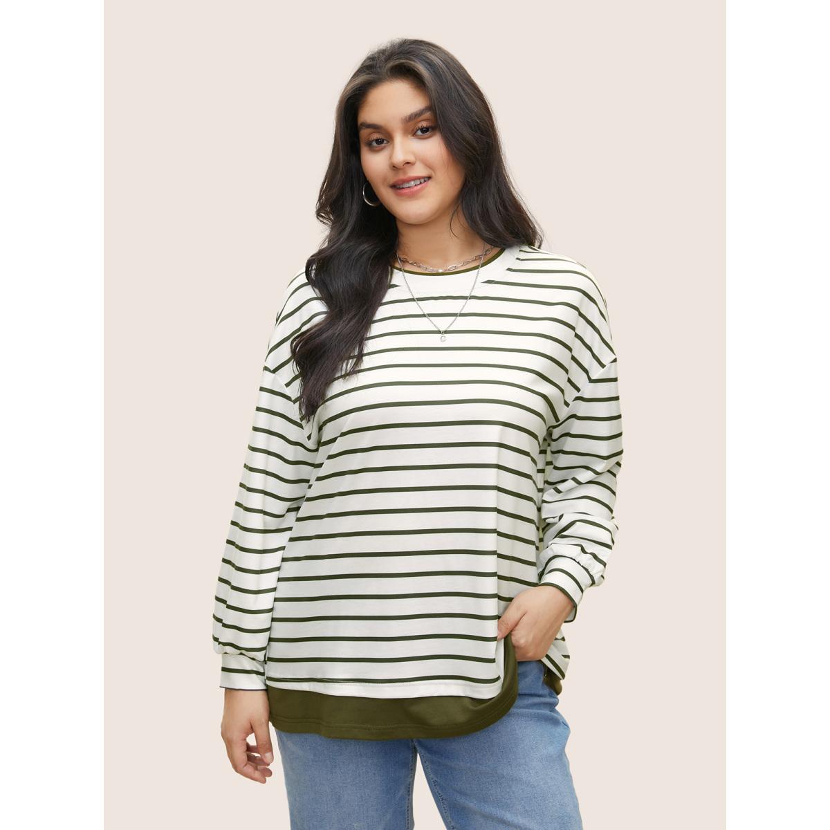 Plus Size 2-In-1 Contrast Striped Patchwork Sweatshirt Women ArmyGreen Casual Contrast Round Neck Everyday Sweatshirts BloomChic 14-16/1X Product Image