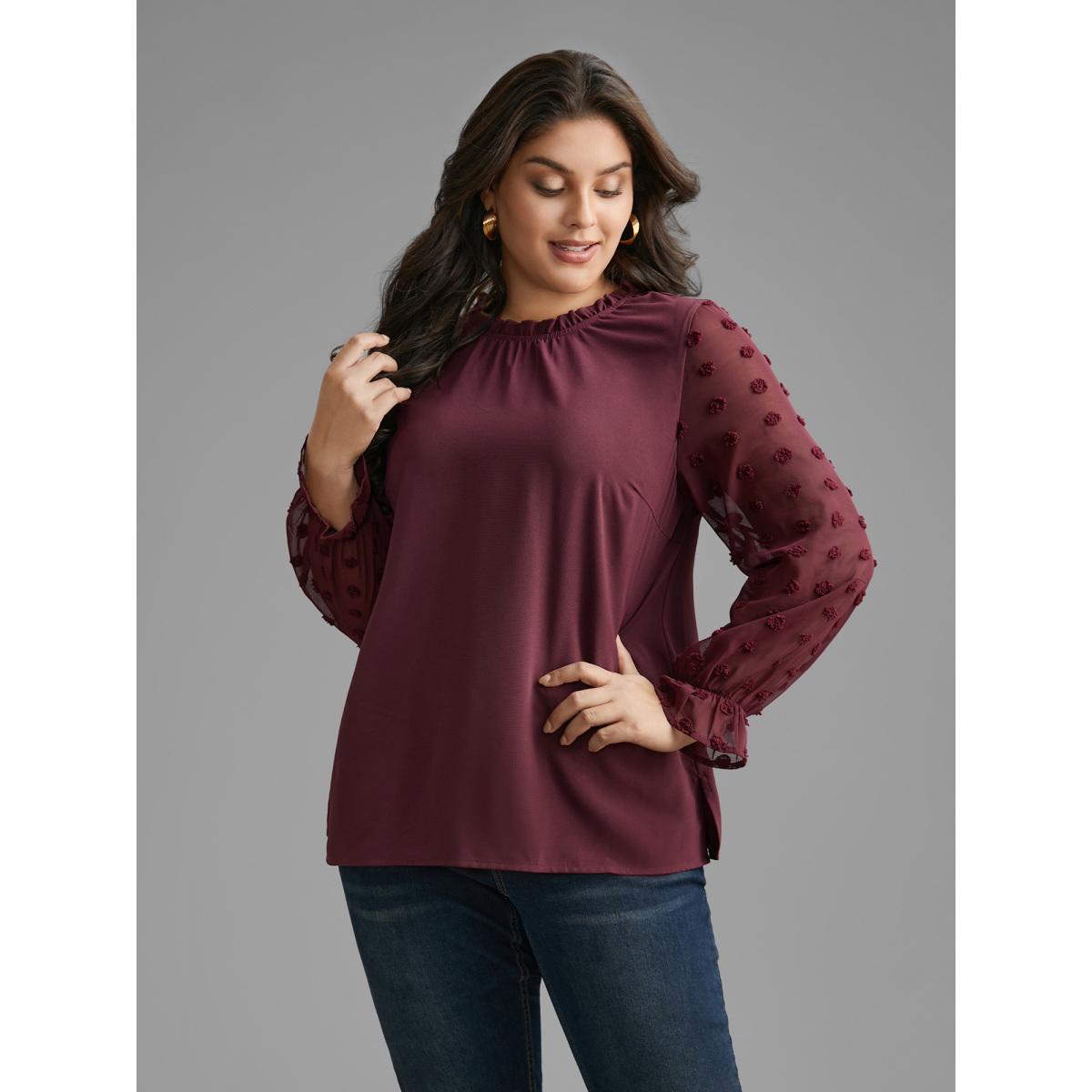 Plus Size Deepred Texture Ruffles Patchwork Gathered Blouse Women Elegant Long Sleeve Stand-up collar Everyday Blouses BloomChic 28/5X Product Image