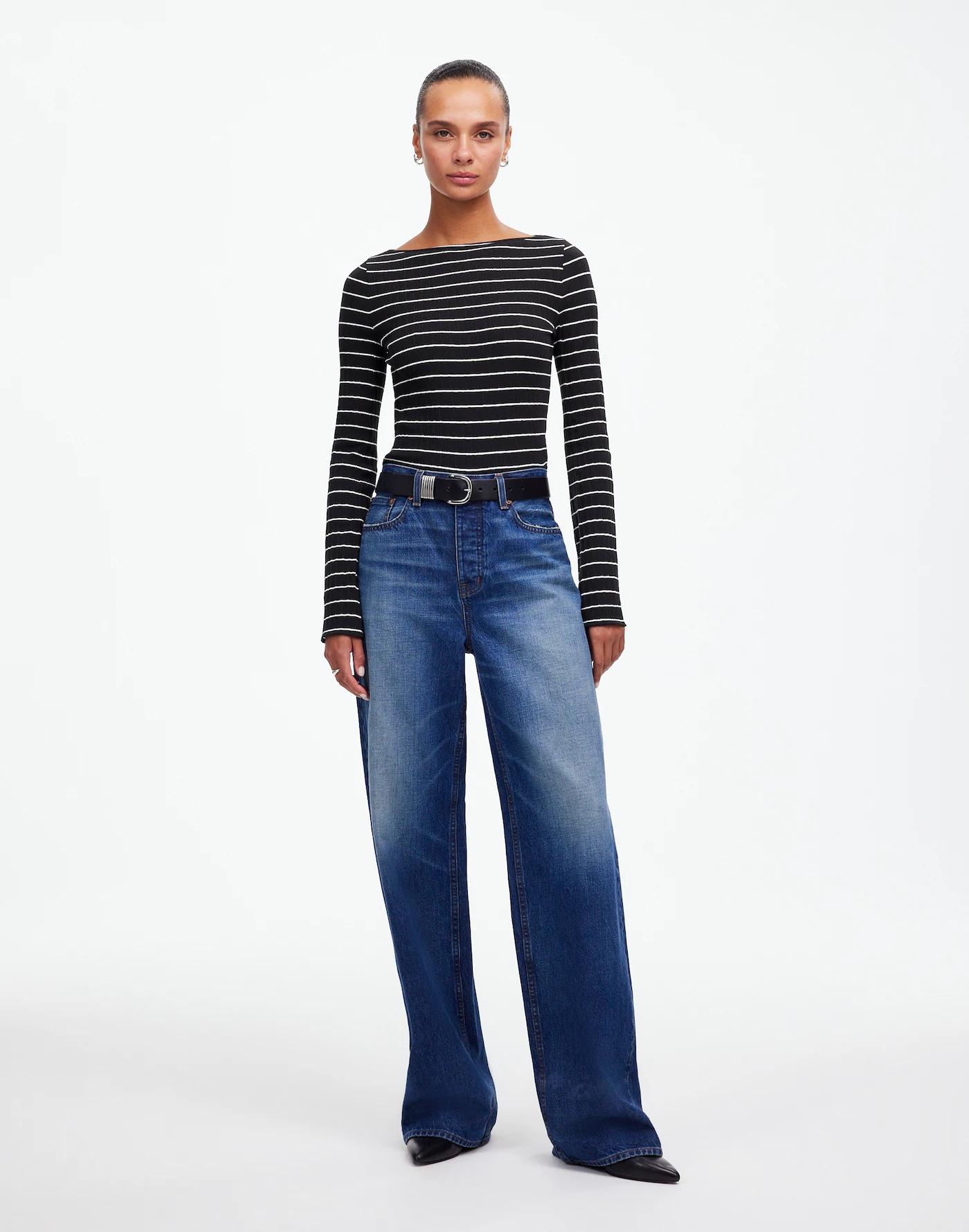 Ribbed Long-Sleeve Boatneck Top in Stripe Product Image