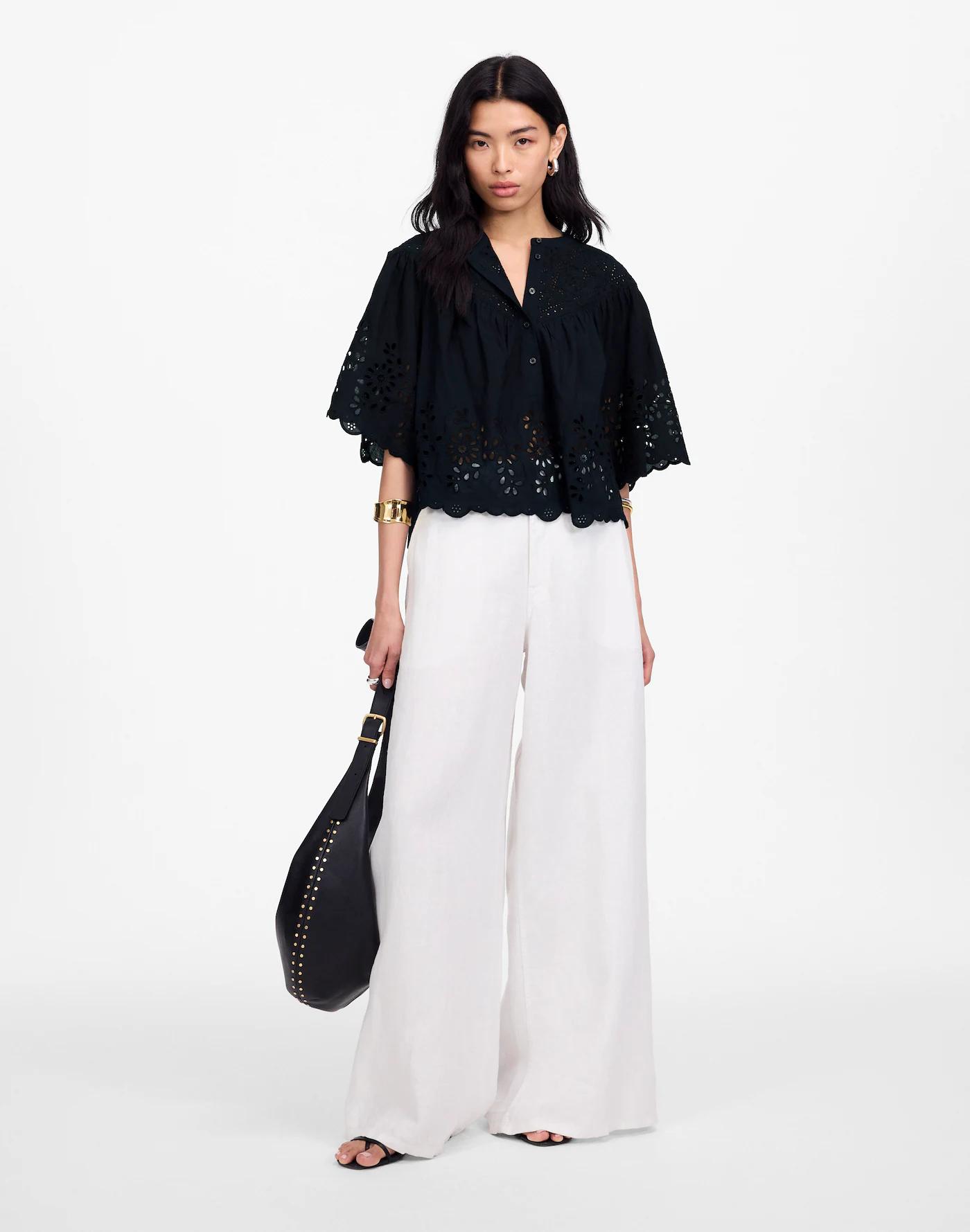 Embroidered Shirred Henley Top Product Image