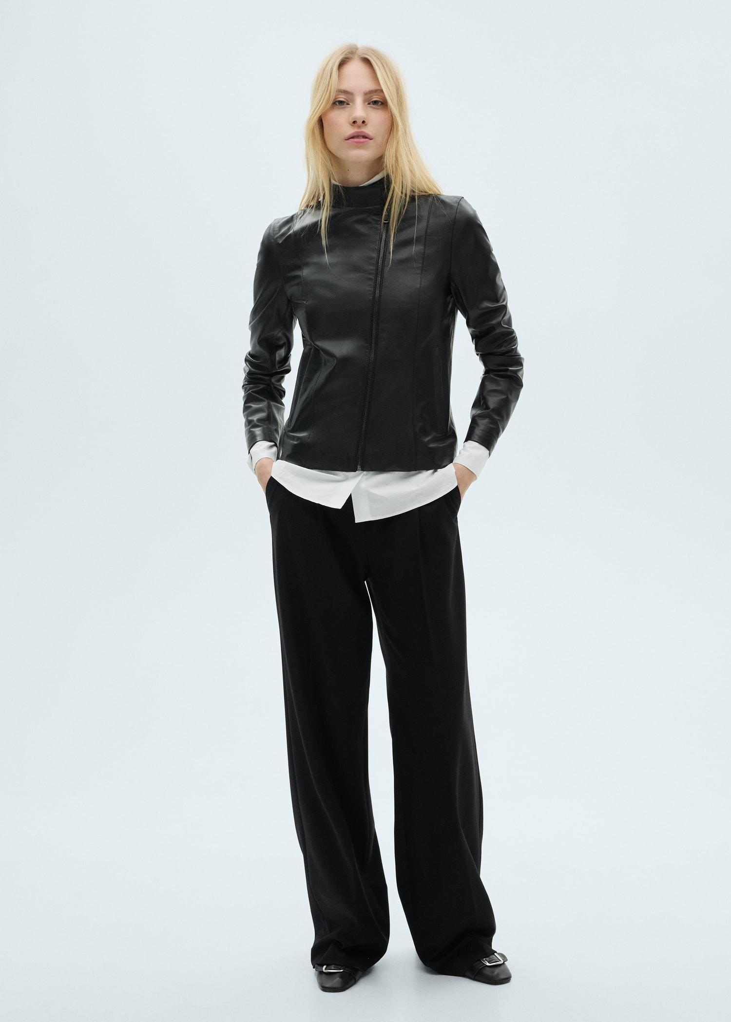 Fitted leather jacket with zipper - Women | MANGO USA Product Image