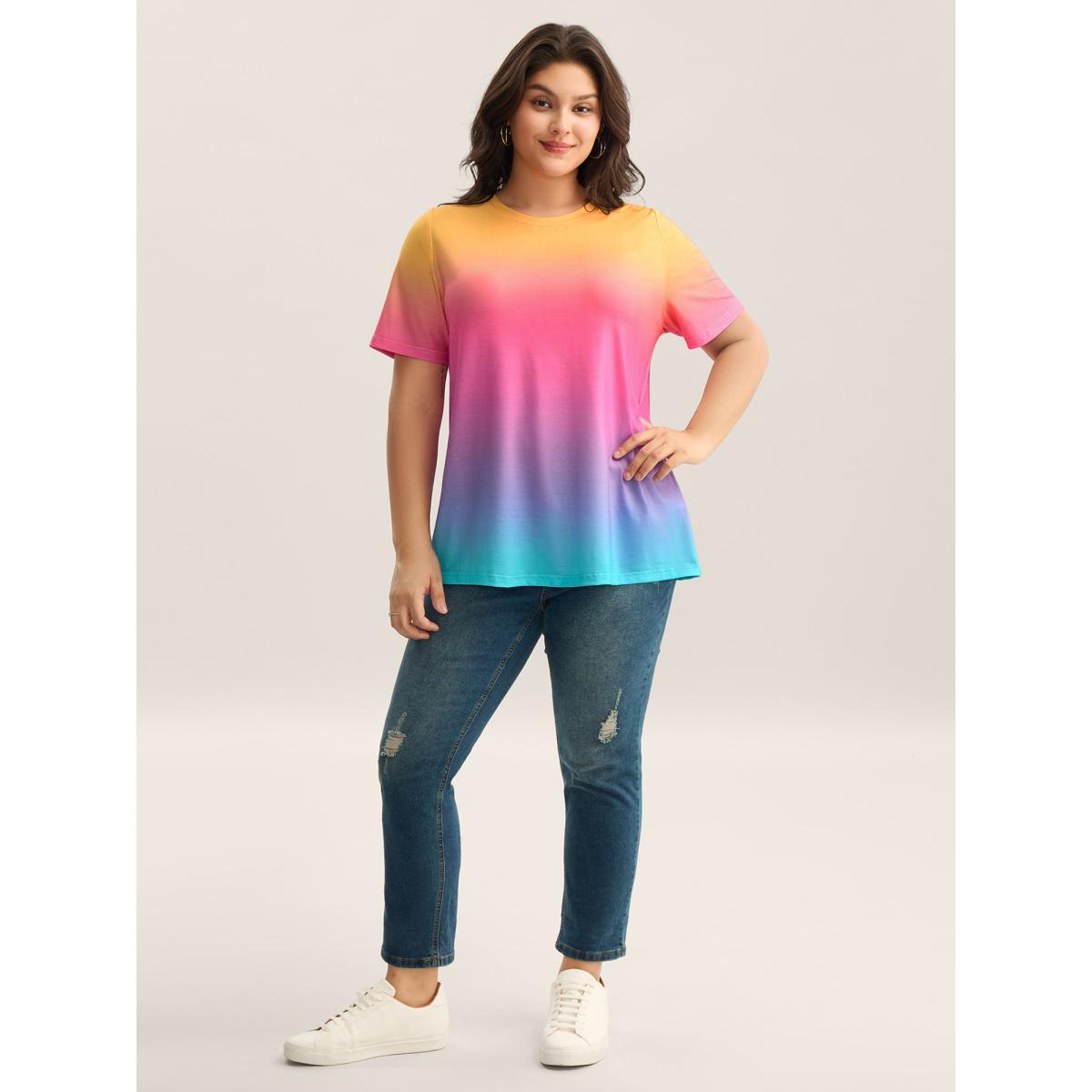 Plus Size Ombre Gradient Crew Neck Curvy T-Shirt Multicolor Women Playful Non Round Neck Casual T-shirts BloomChic 18-20/2X Product Image
