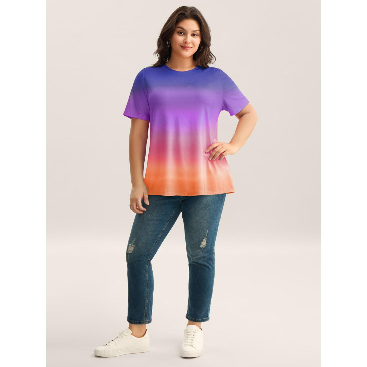 Plus Size Ombre Gradient Crew Neck Curvy T-Shirt DarkBlue Women Playful Non Round Neck Casual T-shirts BloomChic 10/M Product Image