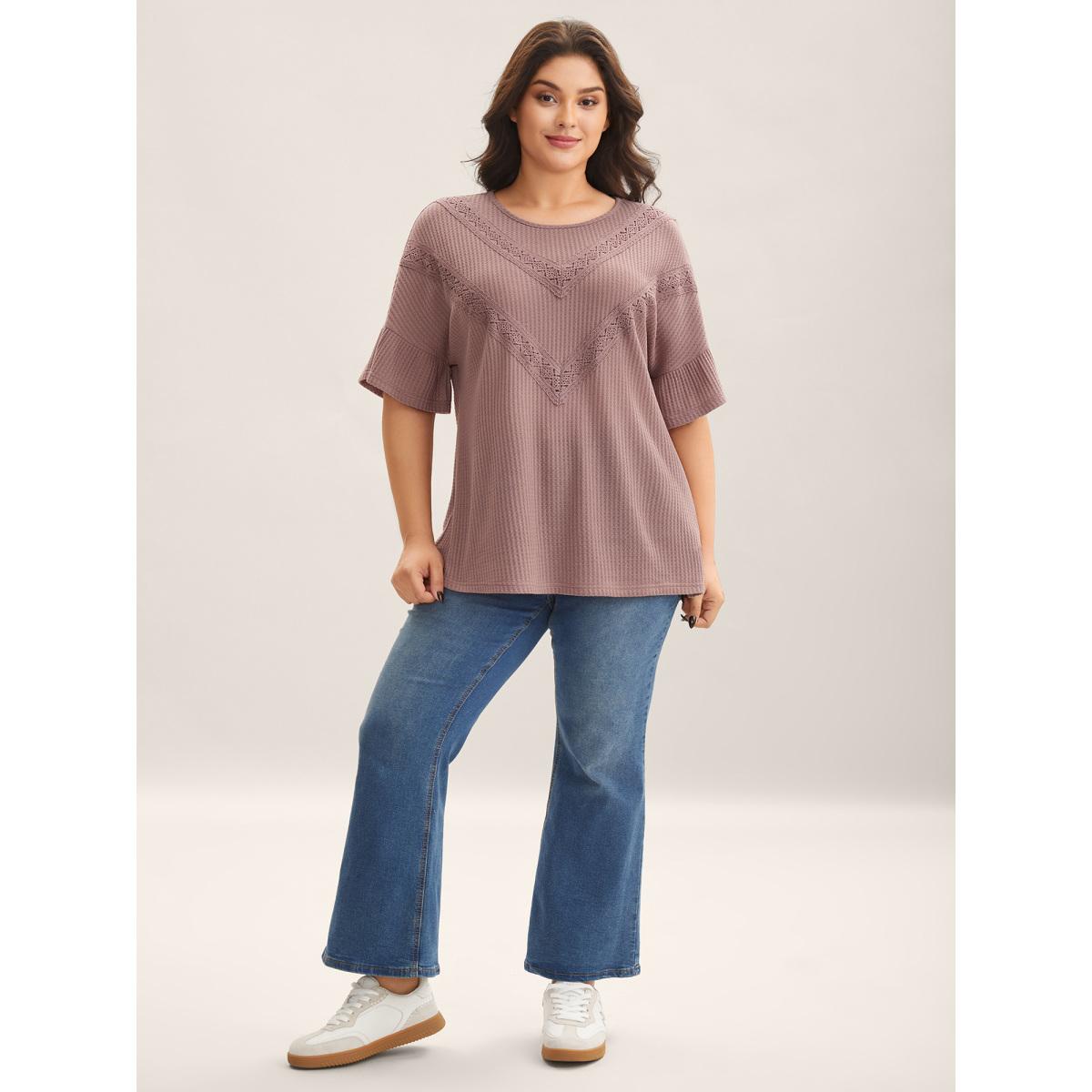 Plus Size Textured Lace Ruffled Sleeve T-Shirt Rouge Women Leisure Woven ribbon&lace trim Round Neck Casual T-shirts BloomChic 14-16/1X Product Image