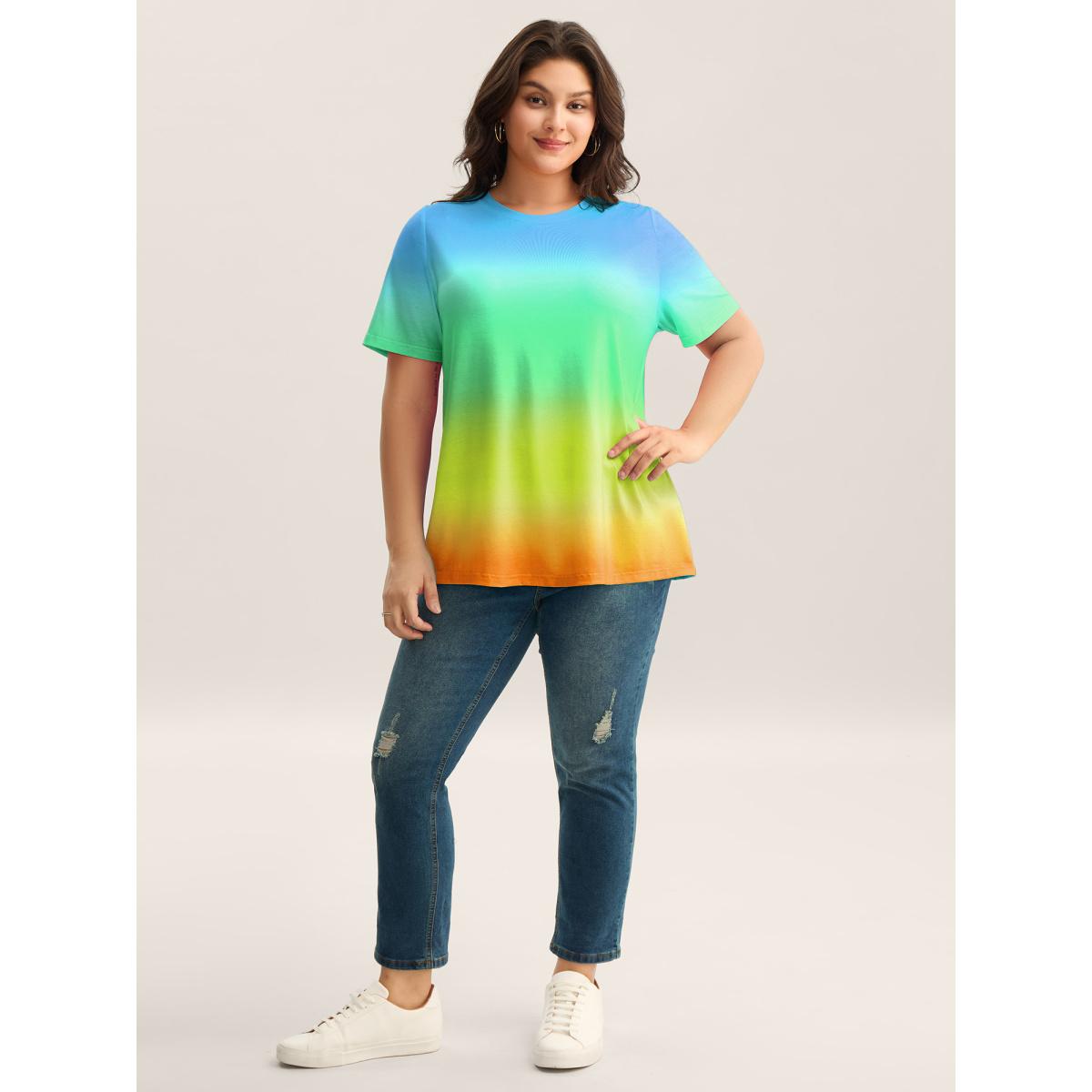 Plus Size Ombre Gradient Crew Neck Curvy T-Shirt Cerulean Women Playful Non Round Neck Casual T-shirts BloomChic 28/5X Product Image
