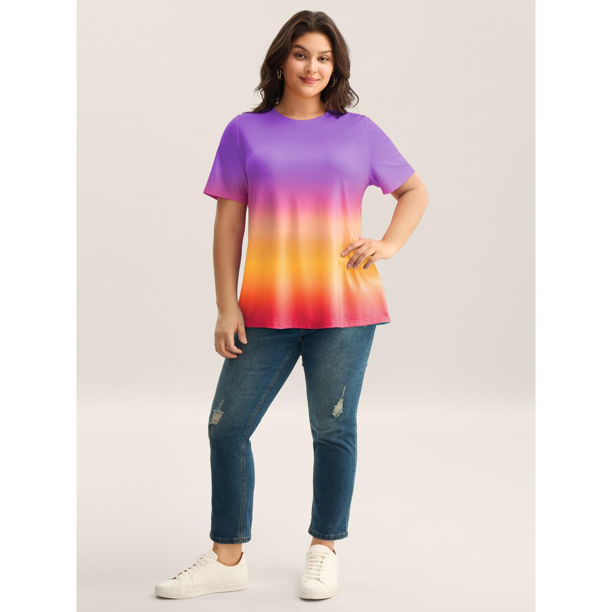 Plus Size Ombre Gradient Crew Neck Curvy T-Shirt Mauve Women Playful Non Round Neck Casual T-shirts BloomChic 22-24/3X Product Image