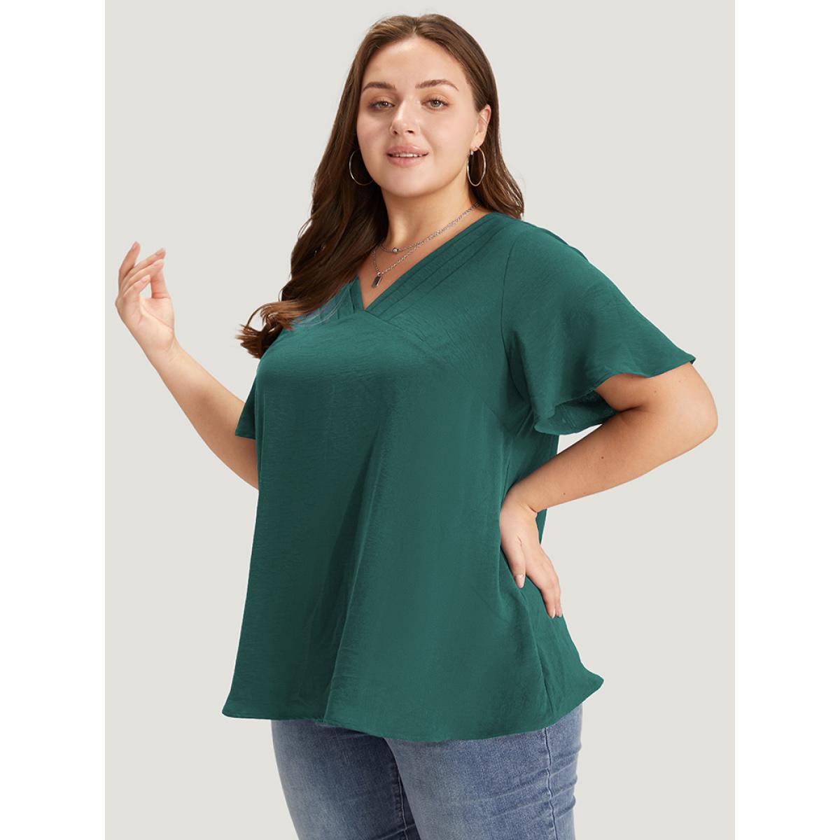 Plus Size Emerald Solid Pleated V Neck Blouse Women Office Short sleeve V-neck Dailywear Blouses BloomChic 26/4X Product Image