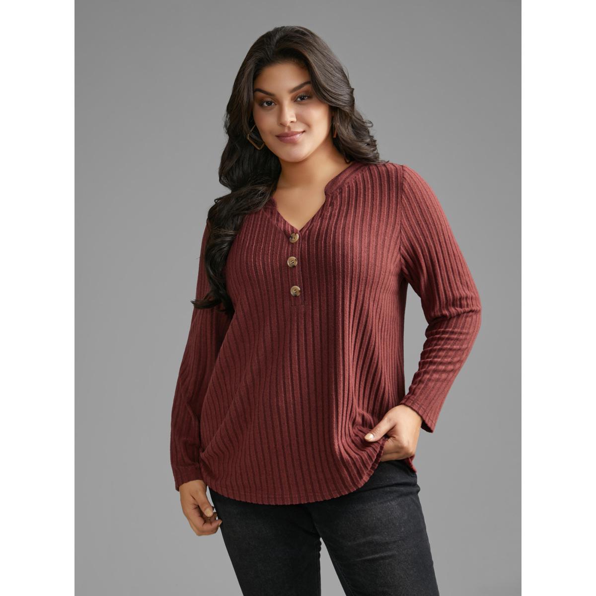 Plus Size Texture Notched Collar Button Up T-shirt Maroon Women Casual Texture Notched collar Everyday T-shirts BloomChic 12/L Product Image