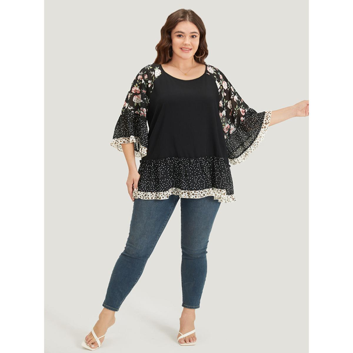 Plus Size Multicolor Floral & Polka Dot Flutter Trim Patchwork Blouse Women Elegant Half Sleeve Round Neck Dailywear Blouses BloomChic 26/4X Product Image
