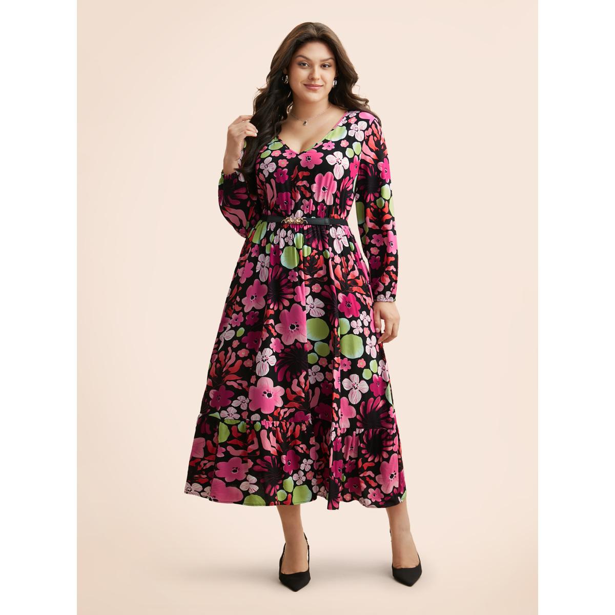 Plus Size Floral V Neck Lantern Sleeve Dress Black Women Elegant Non V-neck Long Sleeve Curvy BloomChic 14-16/1X Product Image
