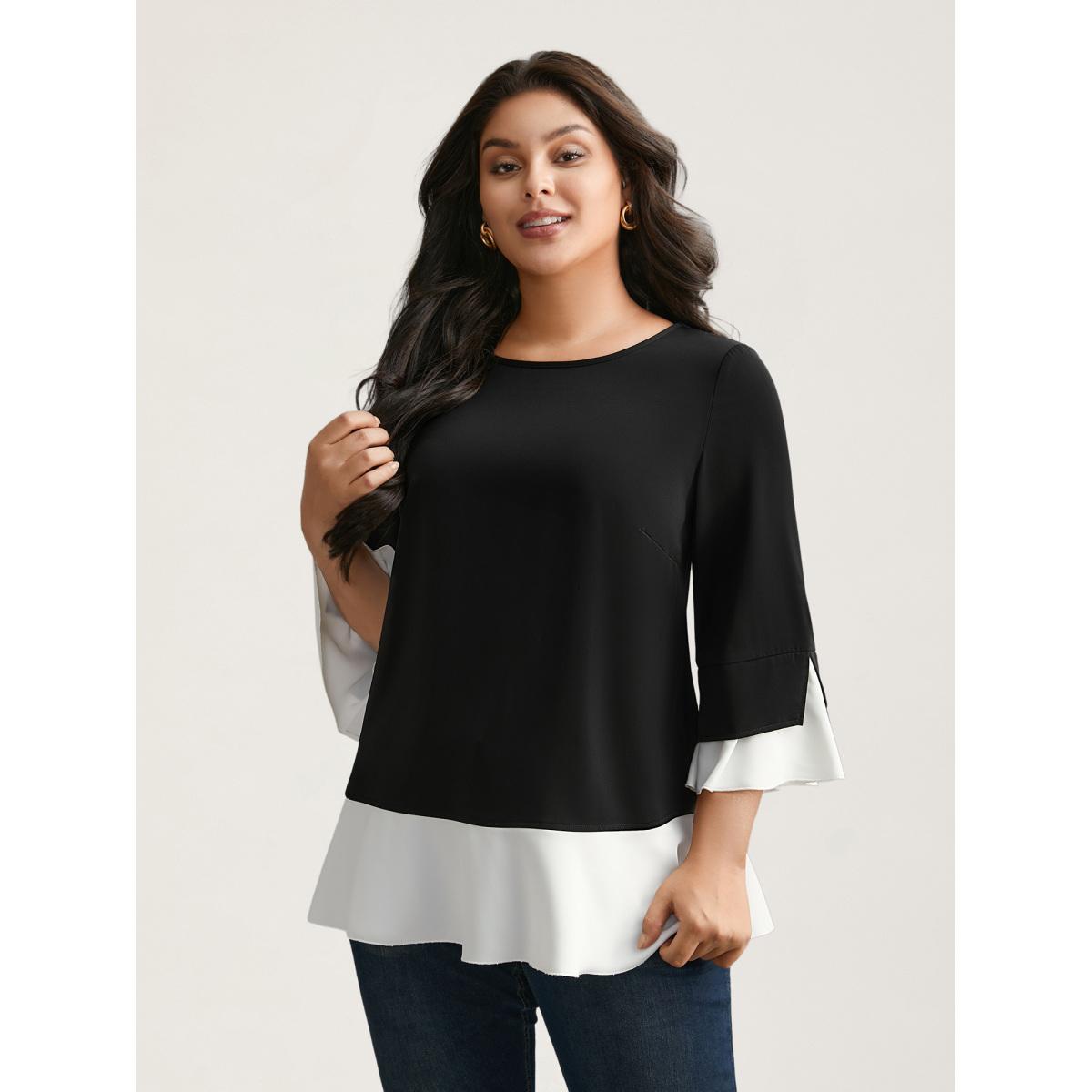 Plus Size Black Contrast Patchwork Bell Sleeve Blouse Women Romantic Elbow-length sleeve Round Neck Elegant Blouses BloomChic 10/M Product Image