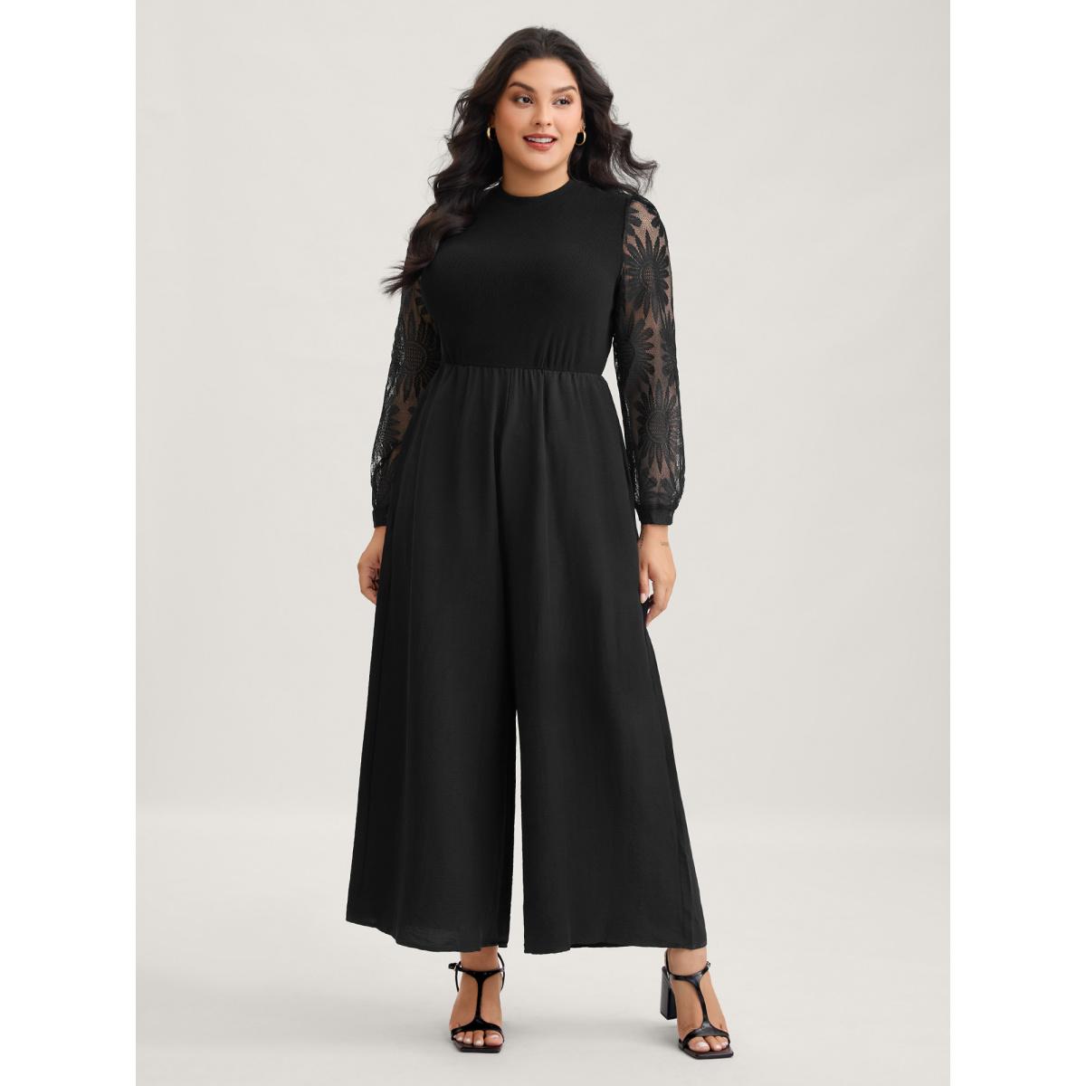 Plus Size Black Crochet Lace Mesh Mock Neck Jumpsuit Women Timeless Long Sleeve Mock Neck Elegant Loose Jumpsuits BloomChic 18-20/2X Product Image