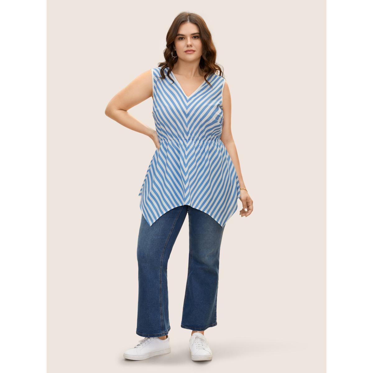 Plus Size Striped Elastic Waist Hanky Hem Tank Top Women LightBlue Casual Contrast V-neck Everyday Tank Tops Camis BloomChic 10/M Product Image