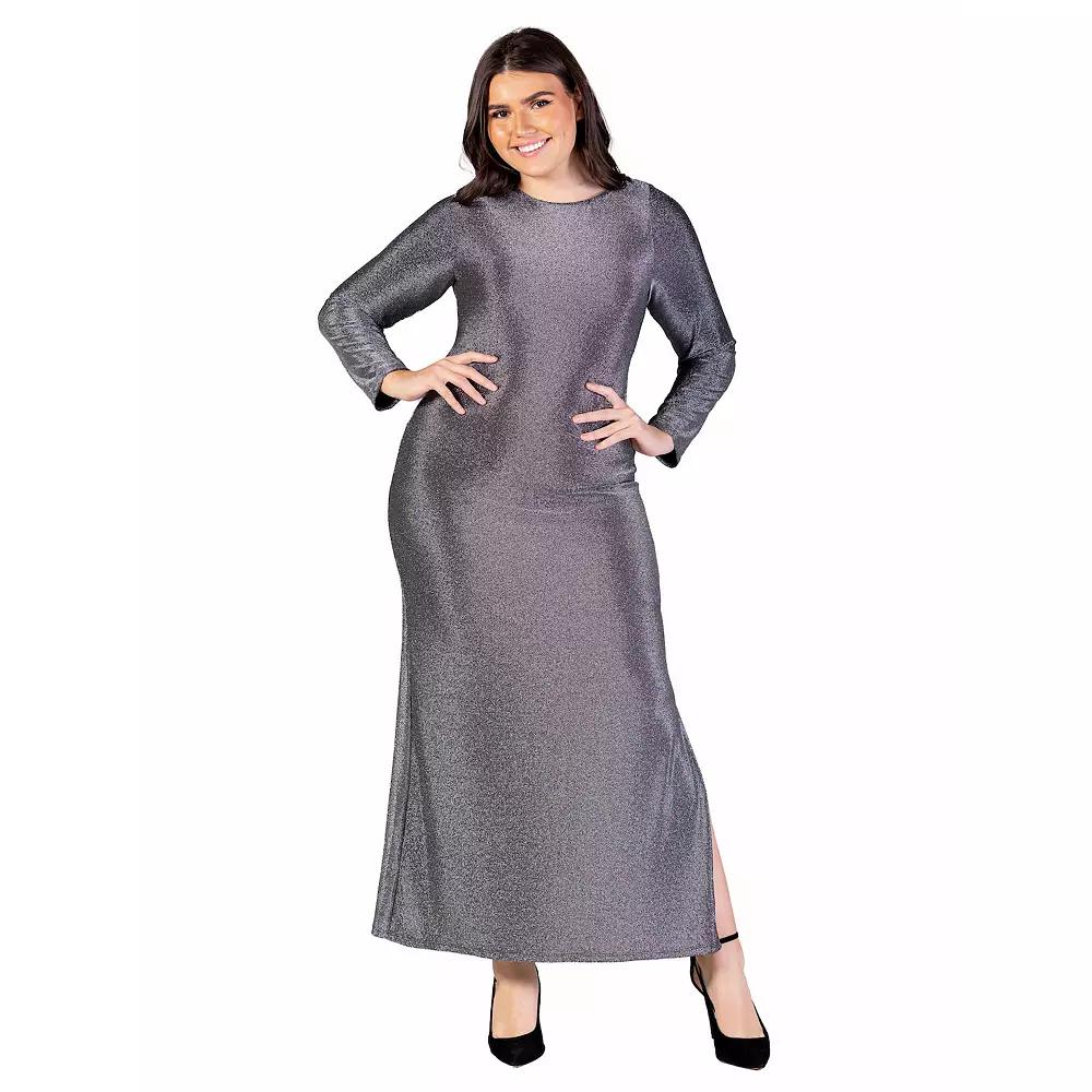 Plus Size 24Seven Comfort Apparel Fitted Long Sleeve Shimmery Fabric Side Slit Maxi Dress, Women's, Size: 2XL, Silver Product Image