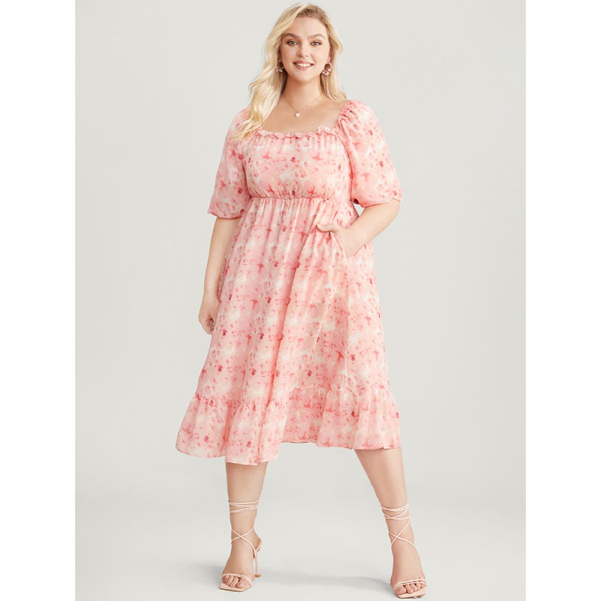 Plus Size Tie Dye Square Neck Puff Sleeve Pocket Ruffle Hem Dress Crepe Women Elegant Pocket Square Neck Short sleeve Curvy Knee Dress BloomChic 18-20/2X Product Image