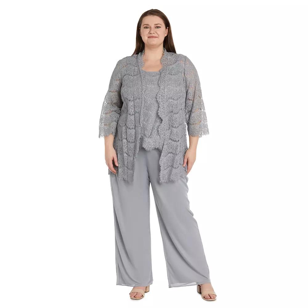 Plus Size R&M Richards 3-pc. Lace Tank, Jacket & Jersey Chiffon Pant Set, Women's, Size: 20 W, Silver Product Image