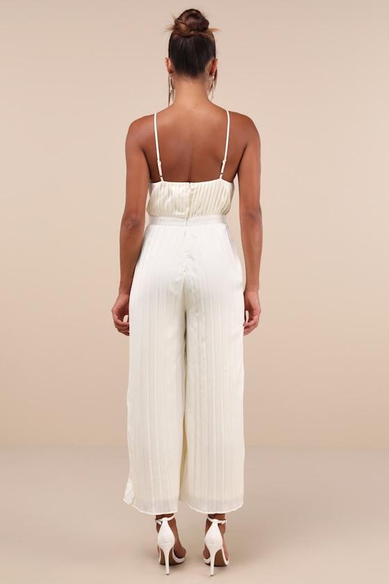 Stellar Poise Ivory Pleated Satin Wide-Leg Jumpsuit Product Image