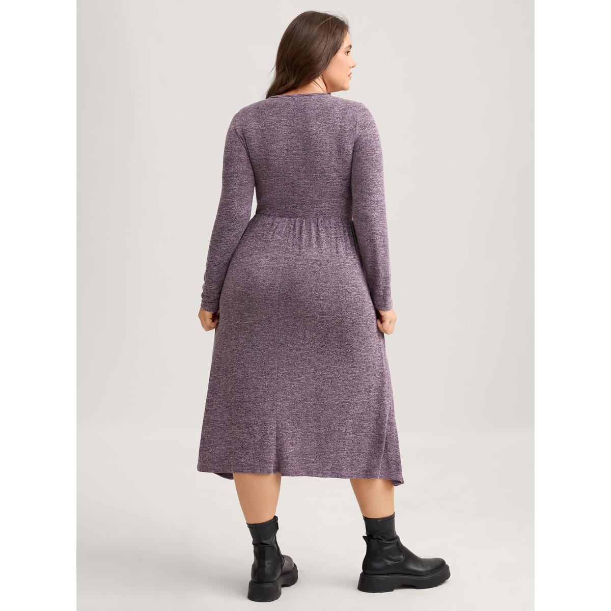 Plus Size Heart Neckline Button Detailing Crossover Fit Dress Mauve Women Casual Gathered Knit Dresses Bloomchic 14-16/1X Product Image