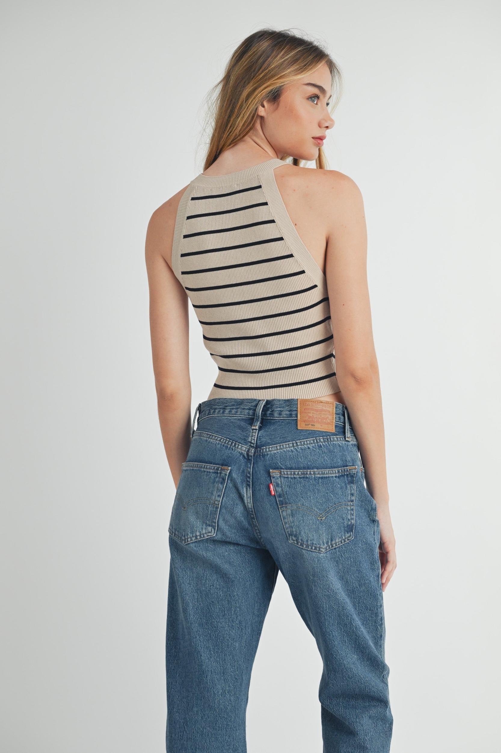 Halter Neck Striped Knit Top Product Image