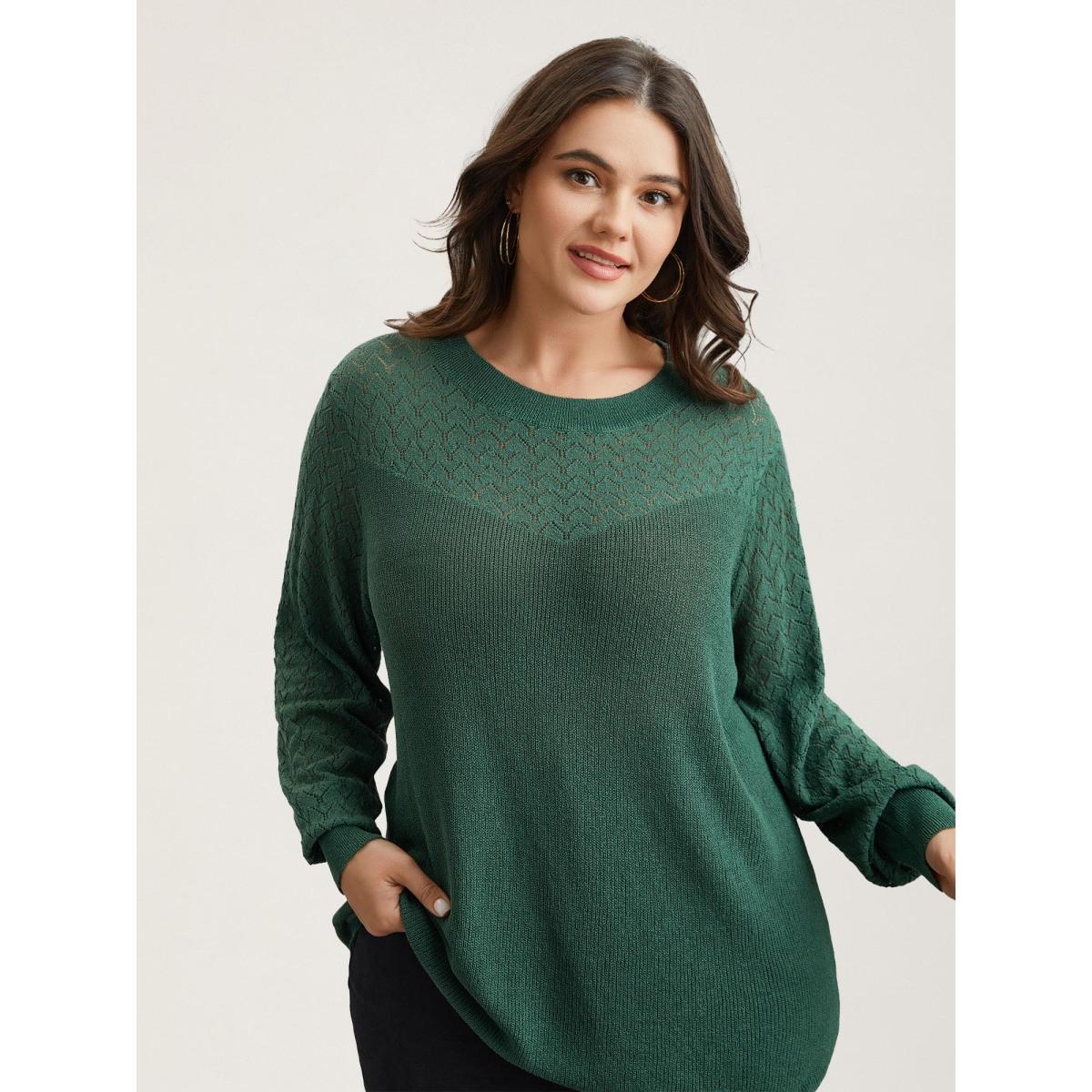 Plus Size Cut-Out Textured Ribbed Hem Pullover Truegreen Women Casual Loose Long Sleeve Round Neck Everyday Pullovers BloomChic 18-20/2X Product Image
