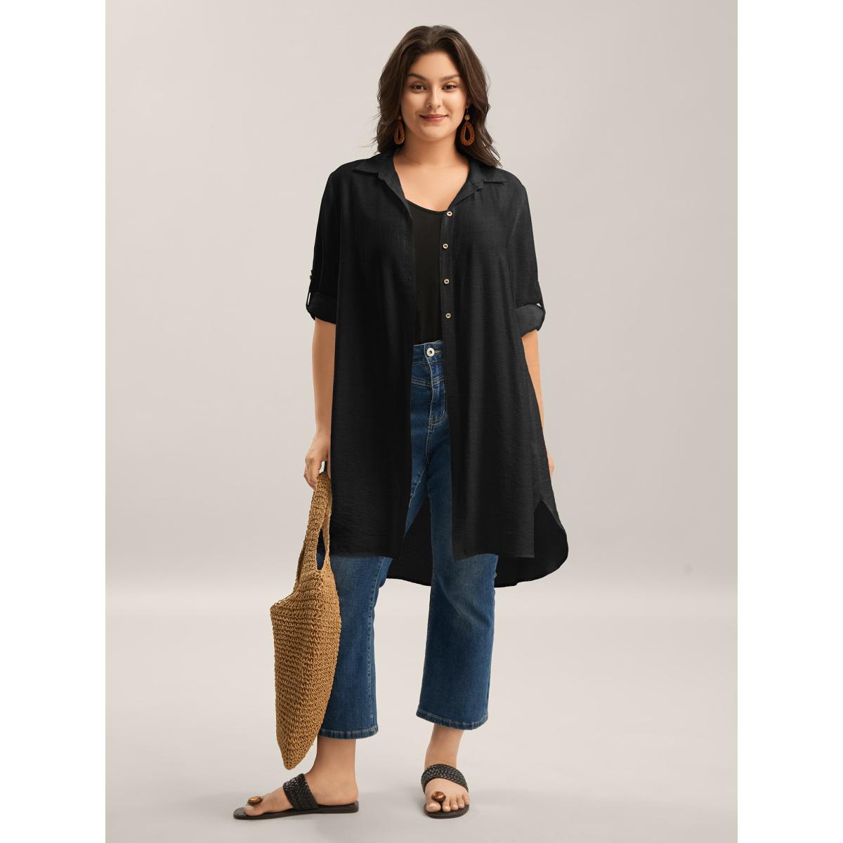 Plus Size Black Front-Open Long Basic Blouse Women Leisure Long Sleeve Shirt collar Vacation Blouses BloomChic 26/4X Product Image