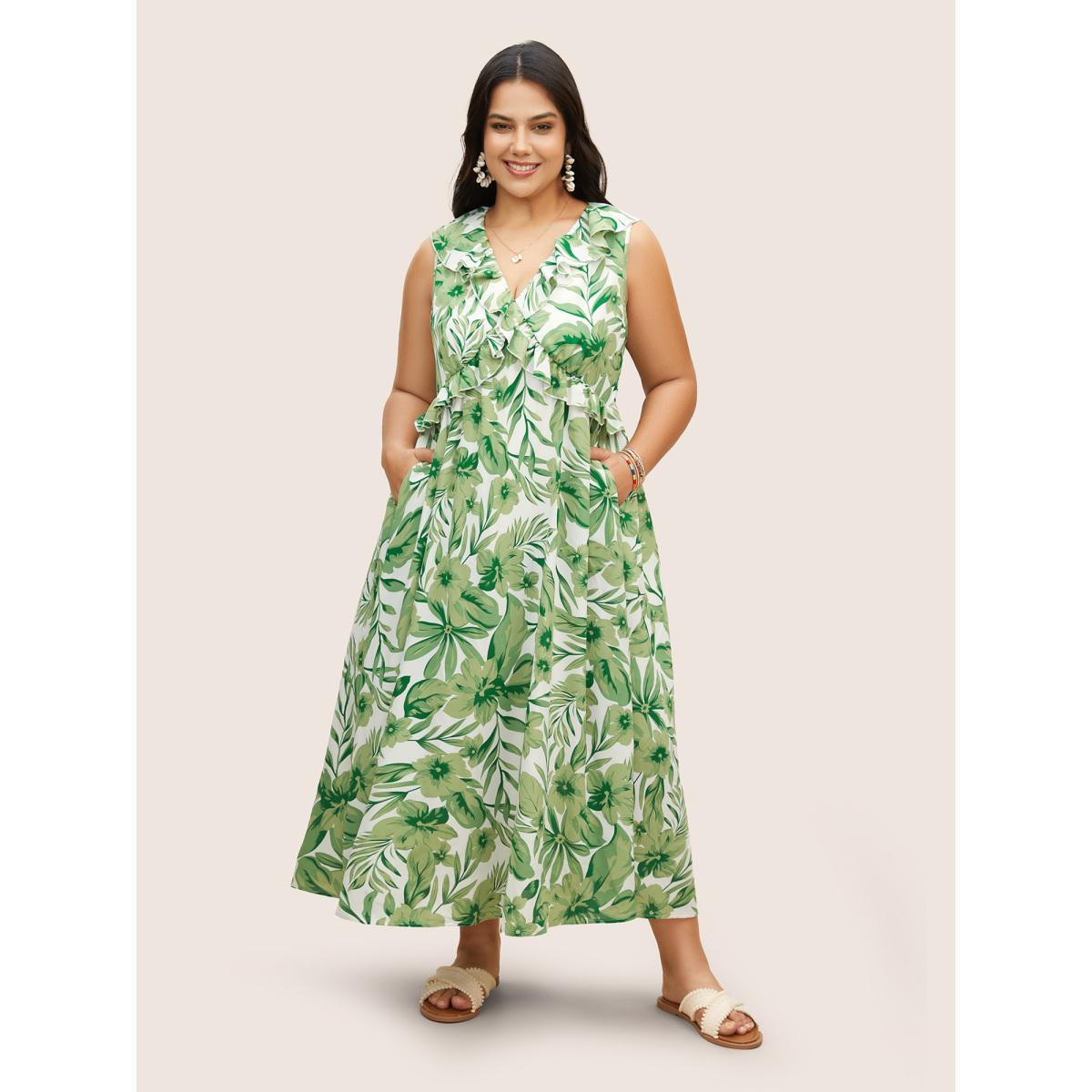 Plus Size Tropical Leafy Print Wide Collar Ruffles Dress Green Women Resort Ruffles V-neck Sleeveless Curvy BloomChic 12/L Product Image