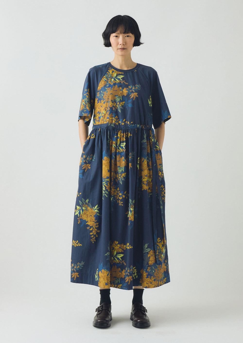 Botanical Shadow Print Cotton Dress | Shadow Blue Product Image