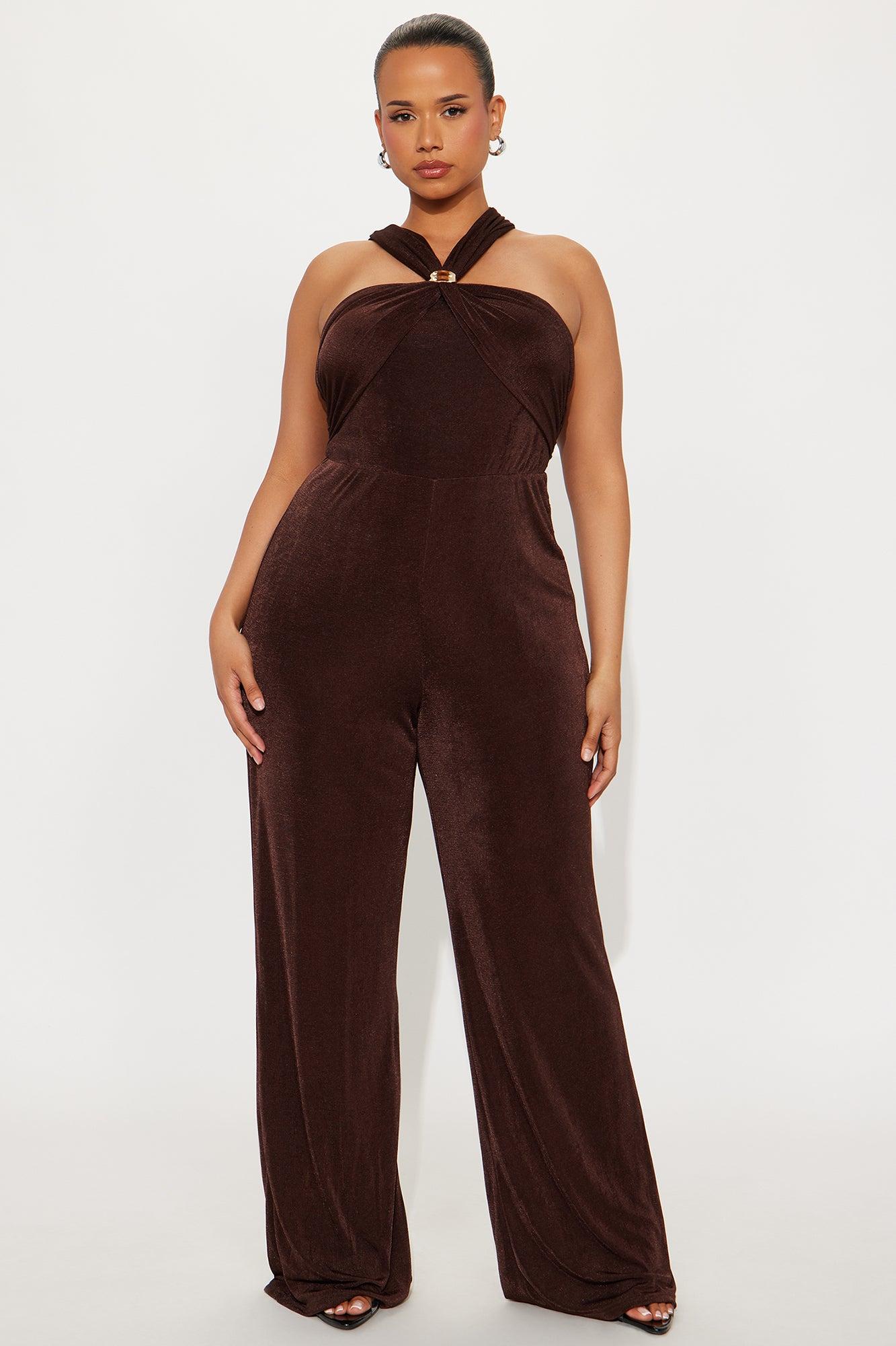 On Your Mind Slinky Wide Leg Jumpsuit - Chocolate Female Product Image