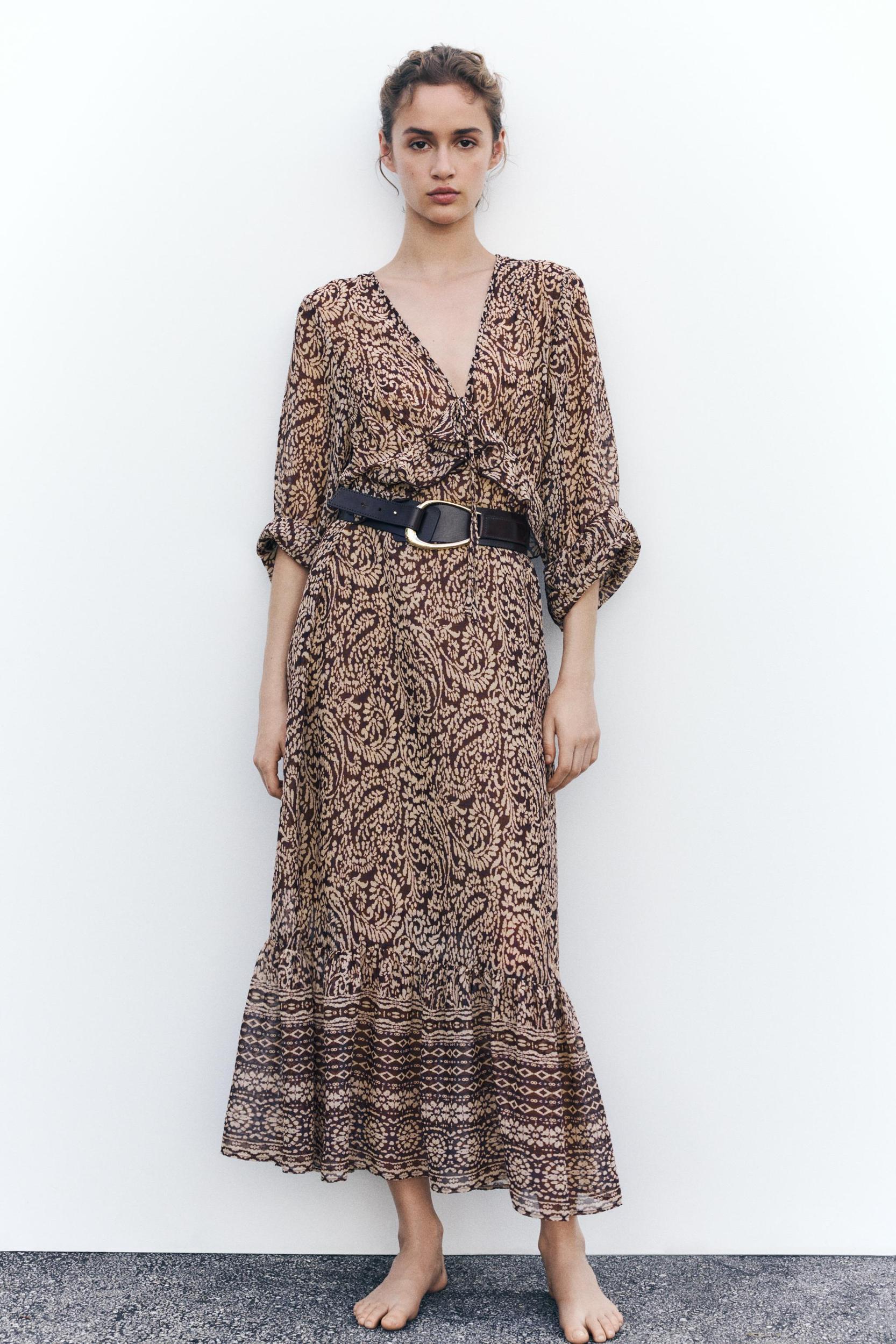 RUFFLED PRINT MIDI DRESS Product Image