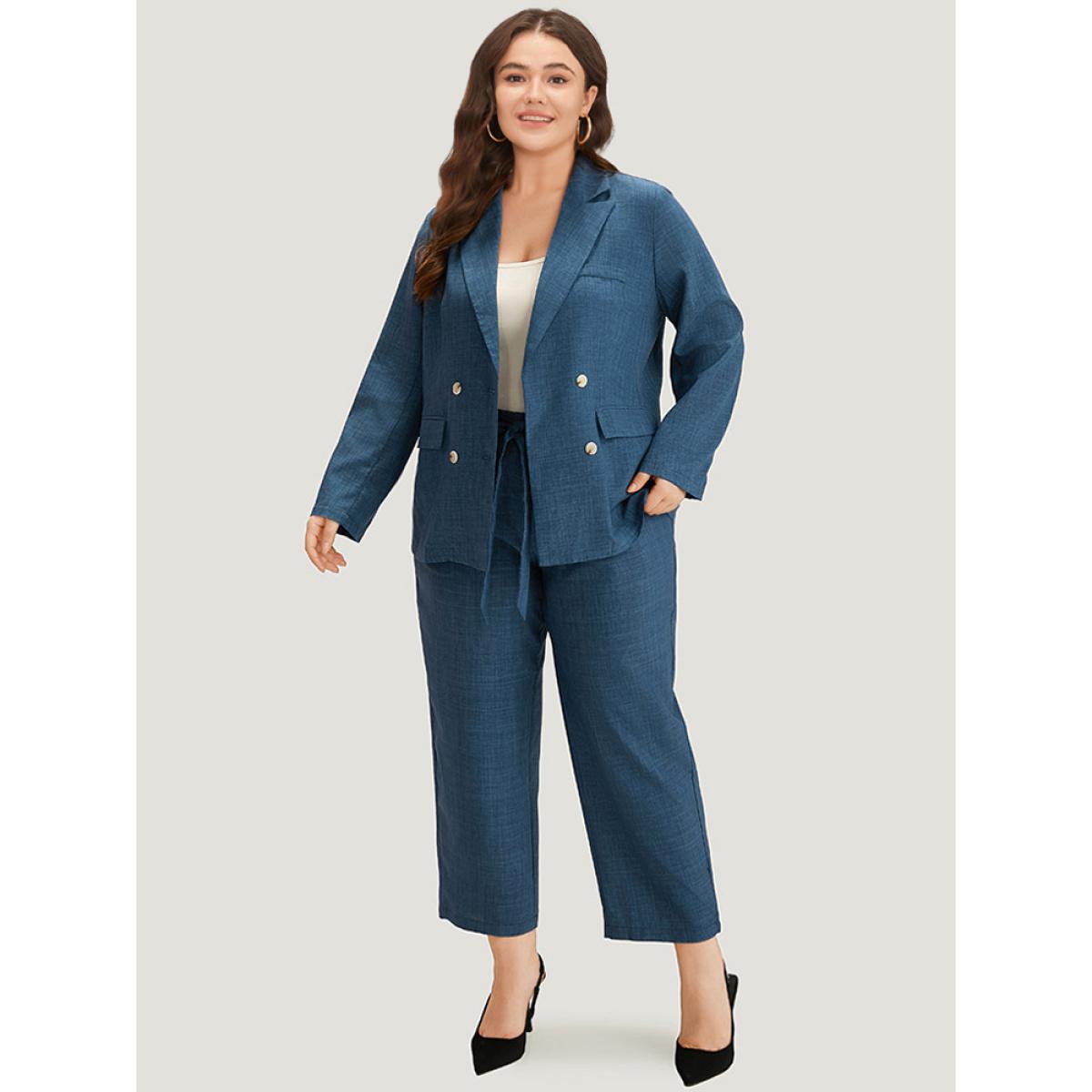 Plus Size Solid Double Breasted Suit Collar Flap Pocket Blazer Indigo Women Office Plain Texture Sleeve Long Sleeve Suit Collar 10/M Pocket At the Office Blazers BloomChic Product Image