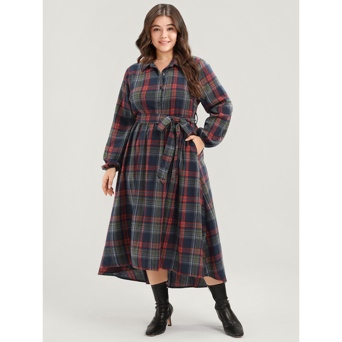 Plus Size Tartan Shirt Collar Lantern Sleeve Belted High Low Hem Dress Indigo Women Elegant Belted Shirt collar Long Sleeve Curvy Long Dress BloomChic 18-20/2X Product Image