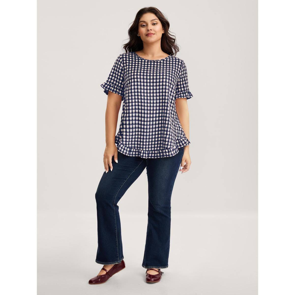 Plus Size Indigo Gingham Print Button Back Blouse Women Short sleeve Round Neck Everyday-Casual Blouses BloomChic 26/4X Product Image