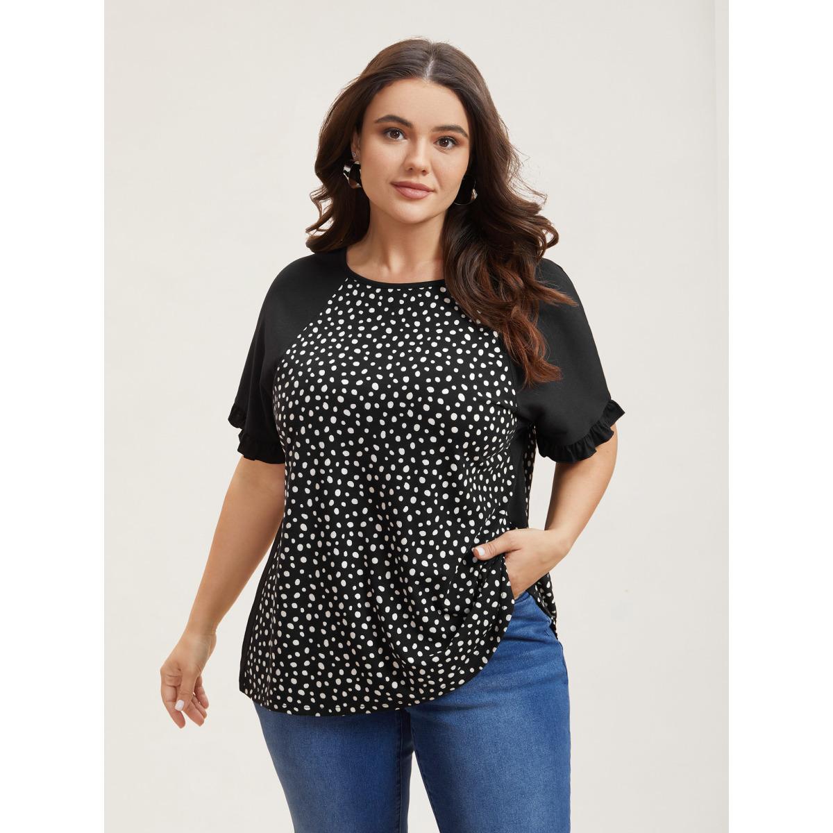 Plus Size Printed Spliced Raglan Sleeve Ruffled T-Shirt Black Women Leisure Contrast Round Neck Casual T-shirts BloomChic 26/4X Product Image