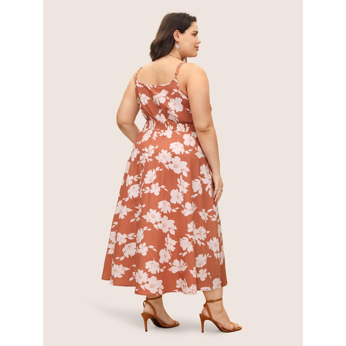 Plus Size Floral Print Wrap Shirred Split Front Dress OrangeRed Women Elegant Shirred V-neck Sleeveless Curvy Midi Dress BloomChic 30/6X Product Image