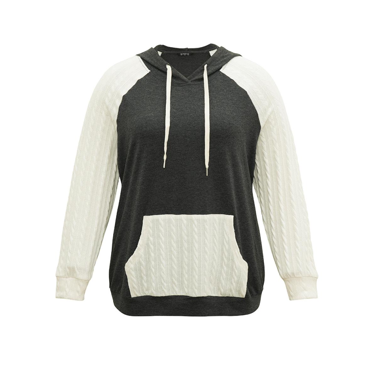 Plus Size Contrast Cable Knit Pocket Hooded Drawstring Sweatshirt Women Gray Casual Texture Hooded Everyday Sweatshirts BloomChic 28/5X Product Image