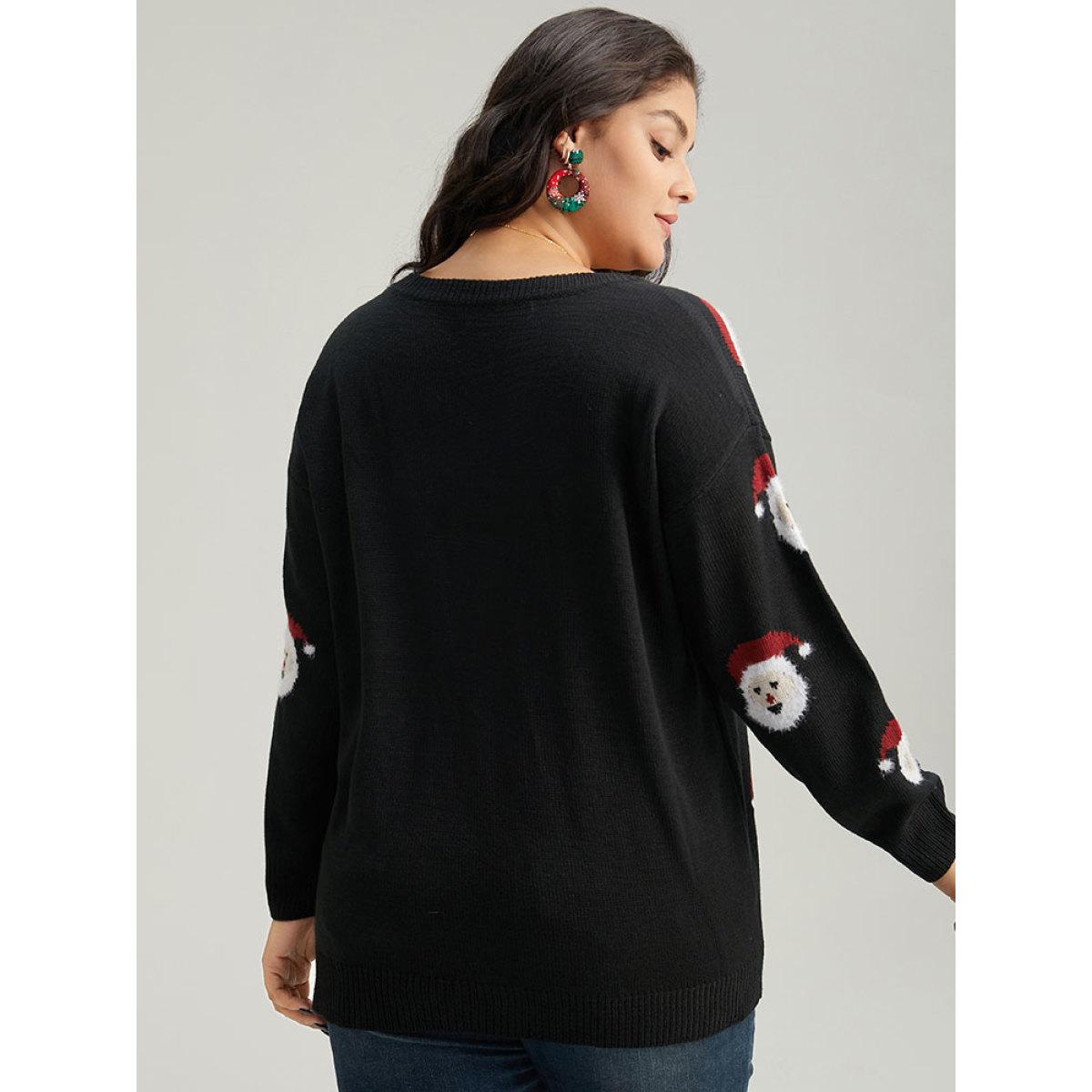 Plus Size Jolly Fellow Motifs Round Neck Pullover Black Women Casual Long Sleeve Round Neck Festival-Christmas Pullovers BloomChic 28/5X Product Image