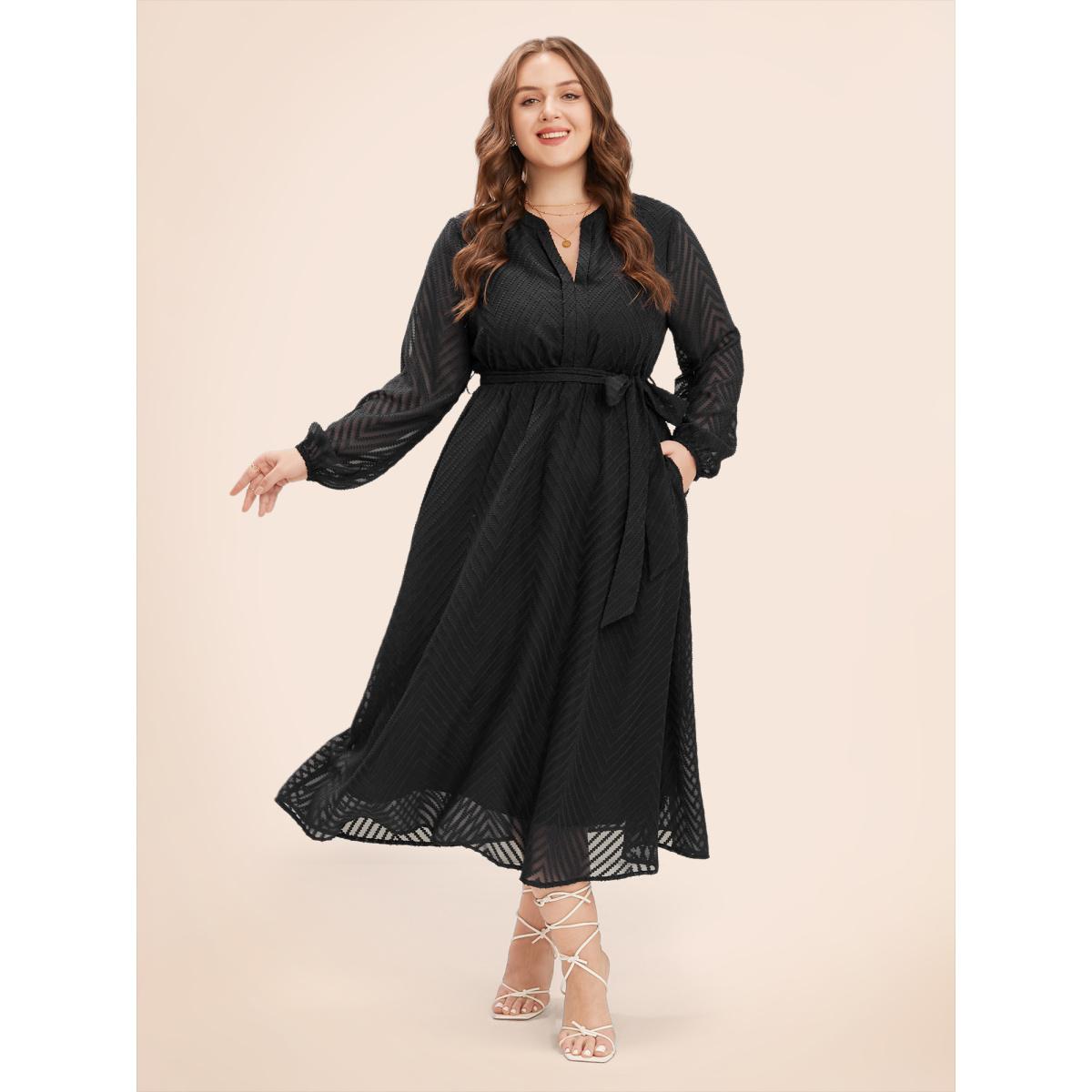 Plus Size Solid Geometric Pocket Mesh Lantern Sleeve Belted Dress Navy Women Office Pocket Flat collar with V-notch Short sleeve Curvy Midi Dress BloomChic 22-24/3X Product Image