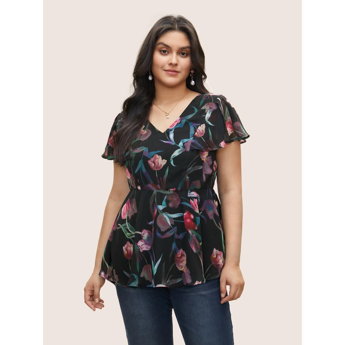 Plus Size Black Floral Mesh Ruffle Sleeve Elastic Waist Blouse Women Elegant Short sleeve V-neck Everyday Blouses BloomChic 22-24/3X Product Image