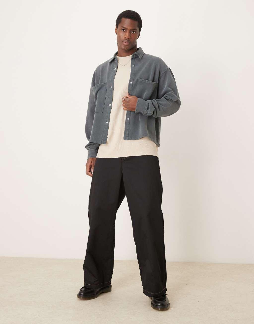 ASOS DESIGN oversized shacket with volume sleeves in charcoal cotton Product Image