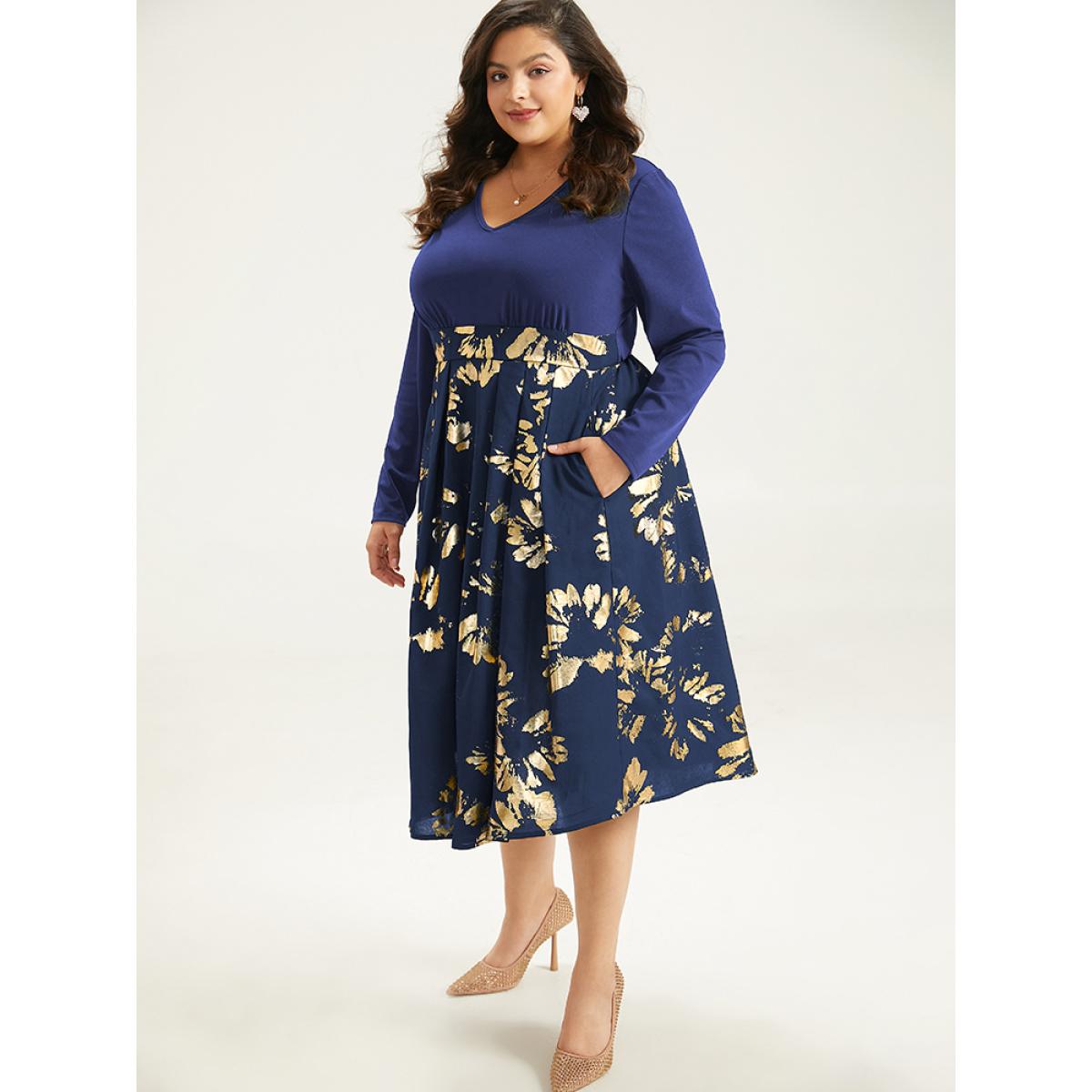Plus Size Brush Glitter Pocket Patchwork Dress DarkBlue Women Party Printed V-neck Long Sleeve Curvy Midi Dress BloomChic 28/5X Product Image