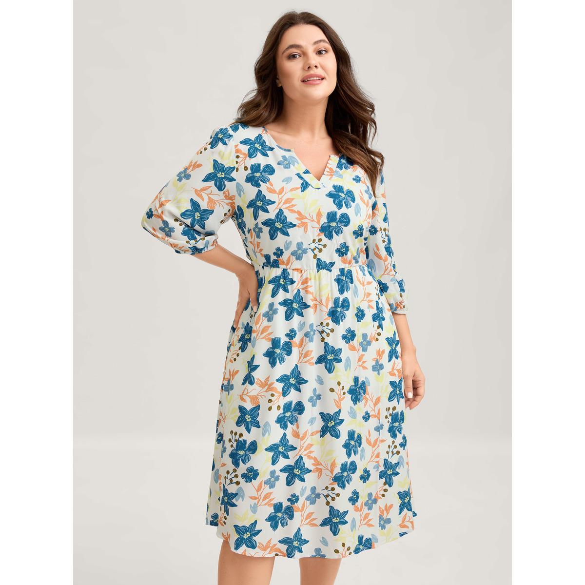 Plus Size Rayon Floral Stretchy Waist Pockets Midi Dress Multicolor Women Flat collar with V-notch Elbow-length sleeve Curvy BloomChic 14-16/1X Product Image
