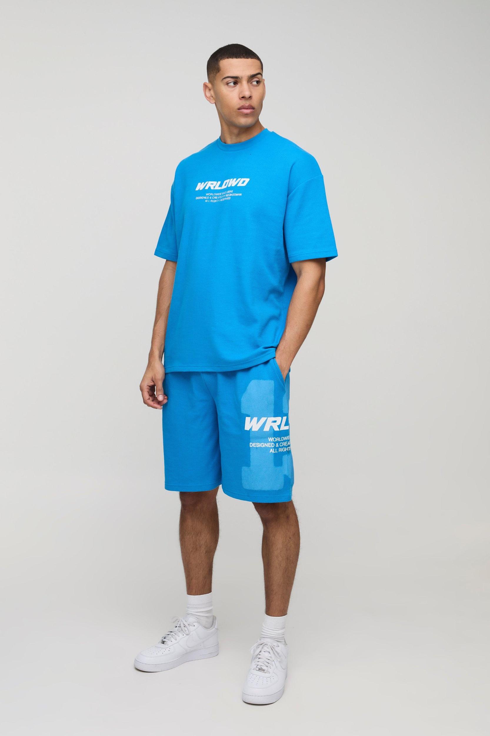 Oversized Waffle 13 Graphic T Shirt And Short Set | boohooMAN USA Product Image