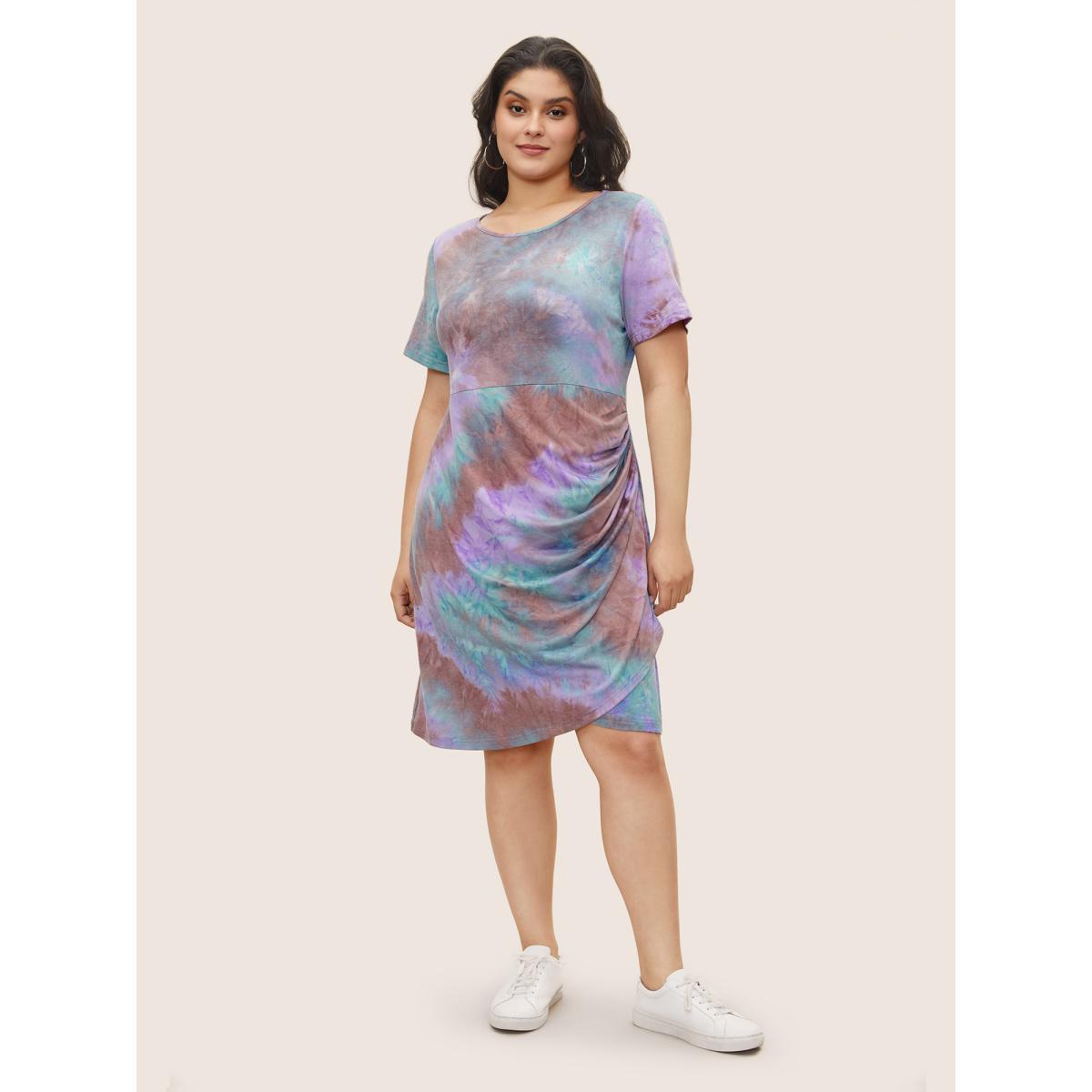 Plus Size Tie Dye Ruched Round Neck Dress Multicolor Women Casual Gathered Round Neck Short sleeve Curvy Knee Dress BloomChic 14-16/1X Product Image