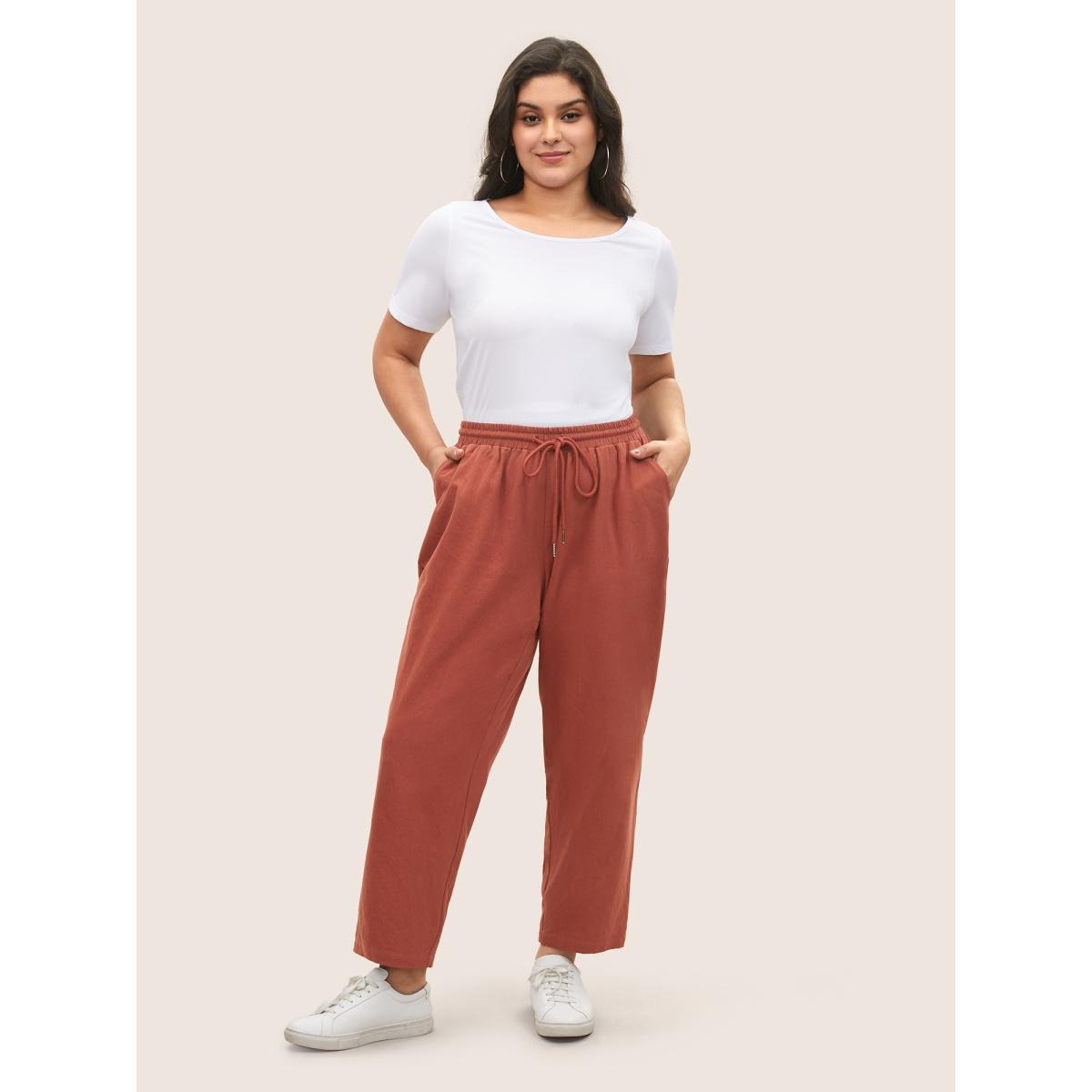 Plus Size Solid Color Drawstring Pencil Pants Women Maroon Casual Loose High Rise Everyday Pants BloomChic 12/L Product Image