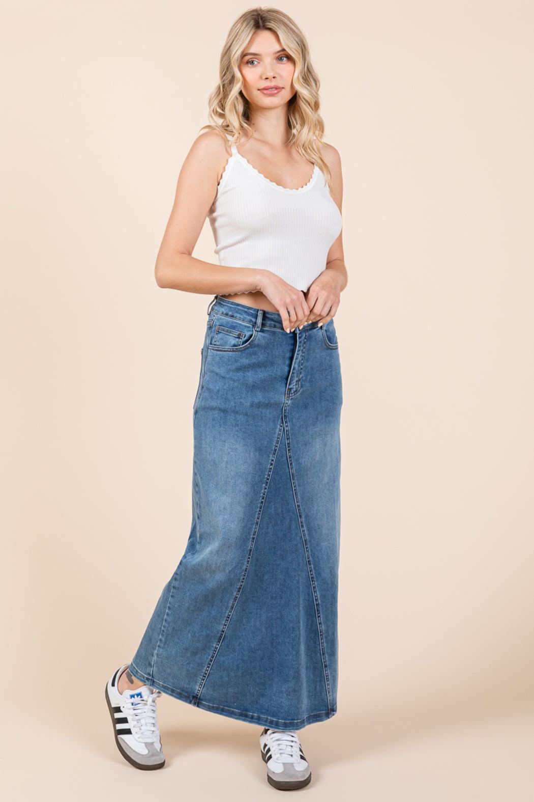 A Line Paneled Denim Long Maxi Skirt Product Image